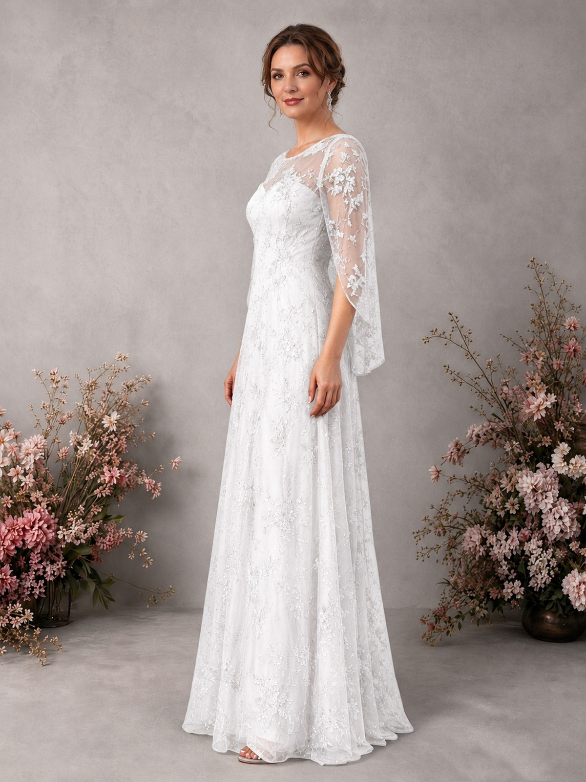 BOLODOO White Sequin Lace Cape Sleeve Formal Evening Gown - White - White_4