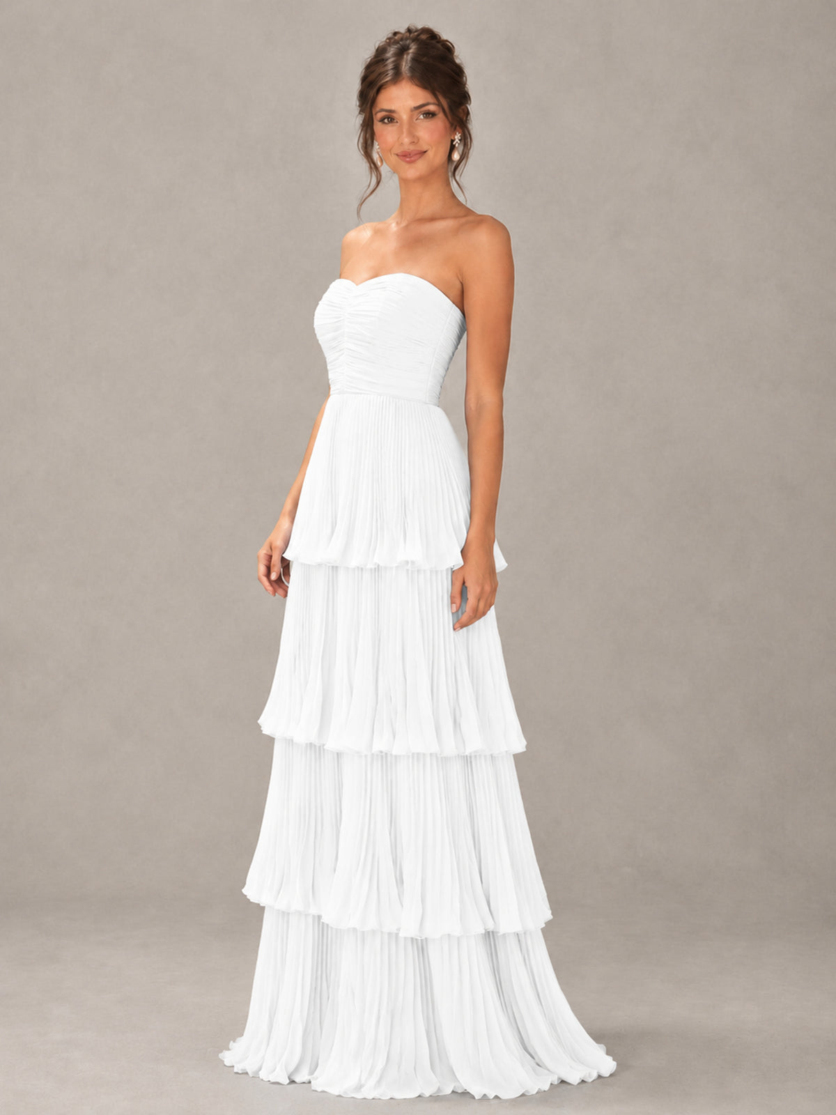 BOLODOO White Strapless Tiered Pleated Bridesmaid Dress - White - White_4