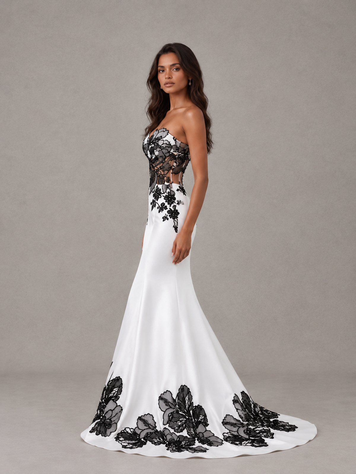 BOLODOO White Strapless Floral Applique Mermaid Prom Dress - White - White（4）