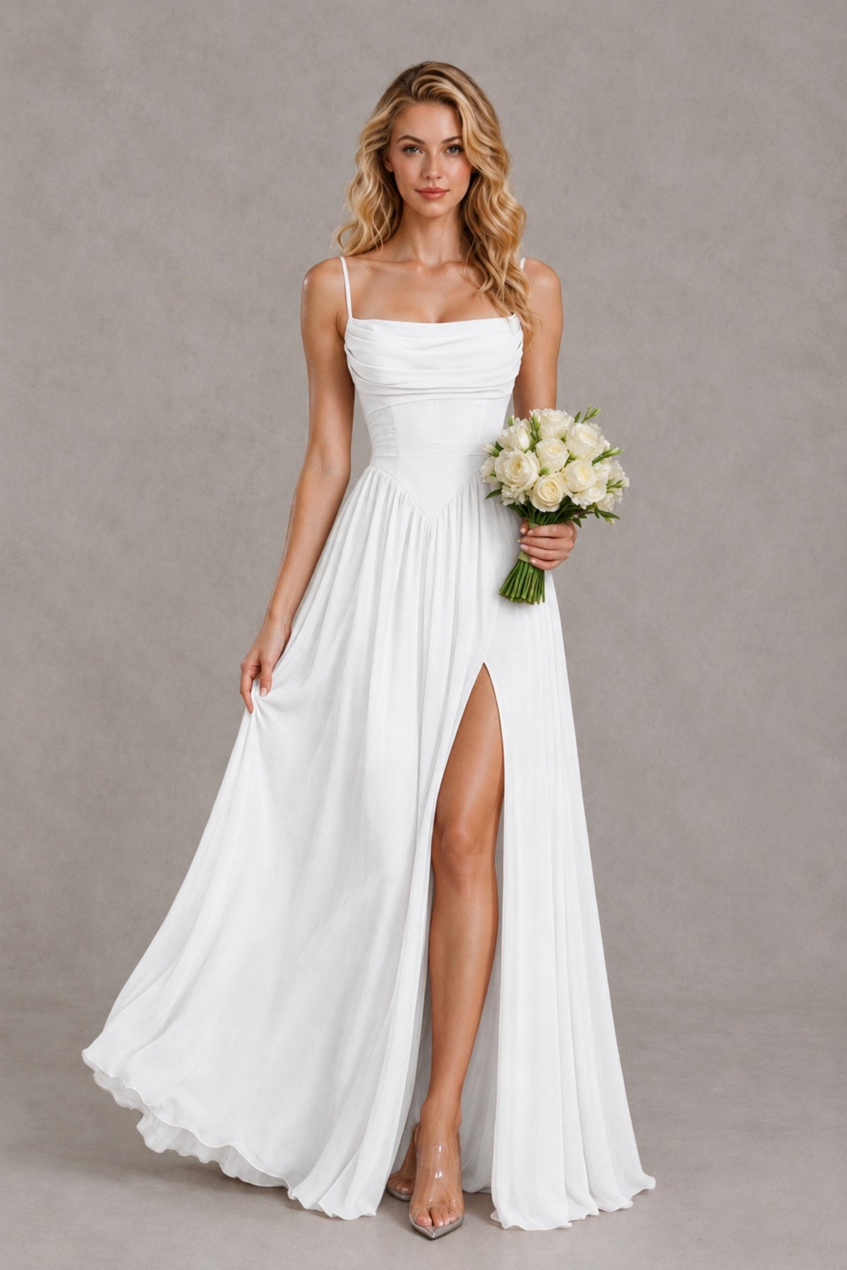 BOLODOO White Spaghetti Strap A-Line Bridesmaid Dress with Slit - White - White_4