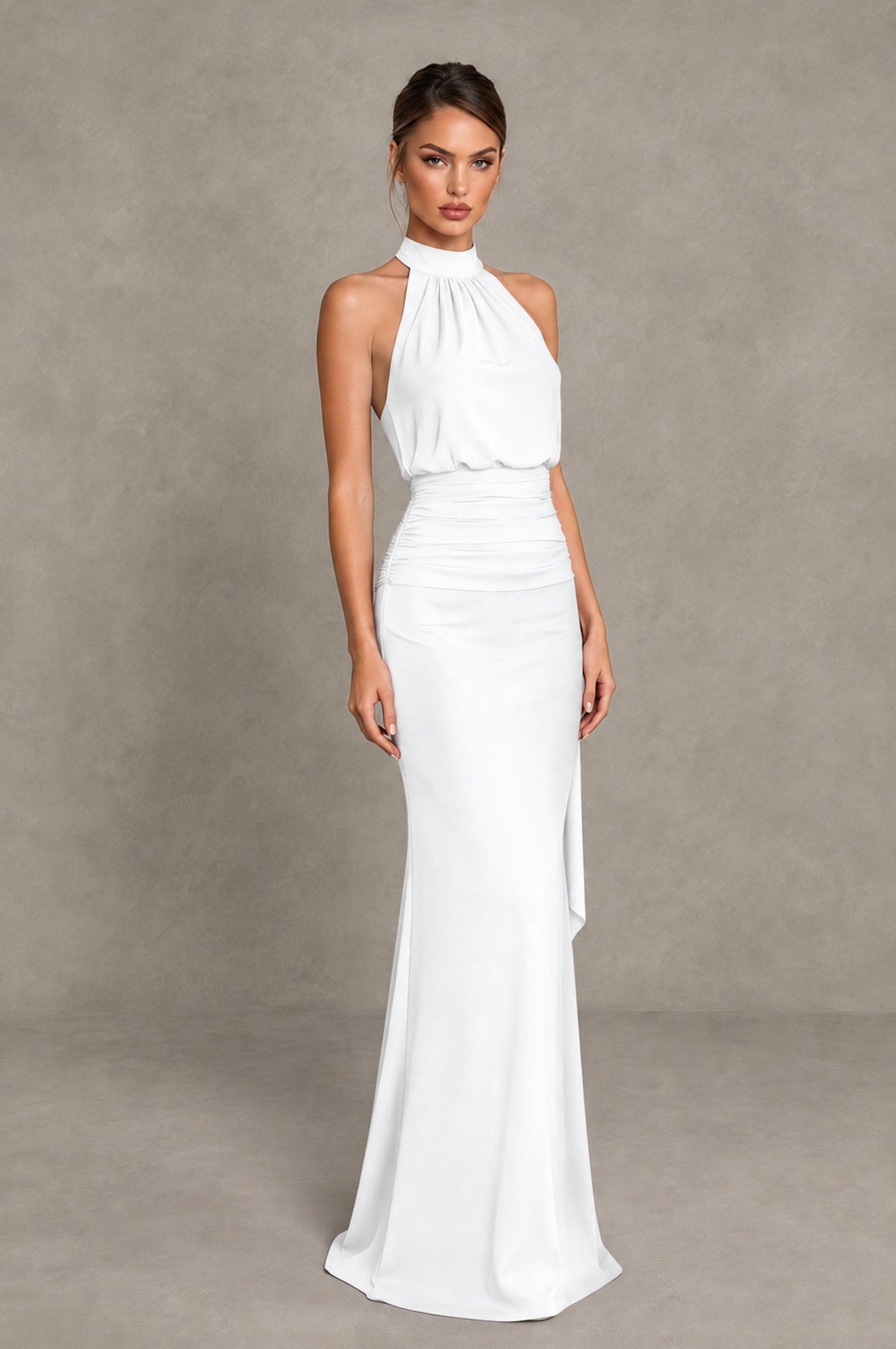 BOLODOO White Chiffon Halter Maxi Formal Wedding Guest Dress - White - White_4
