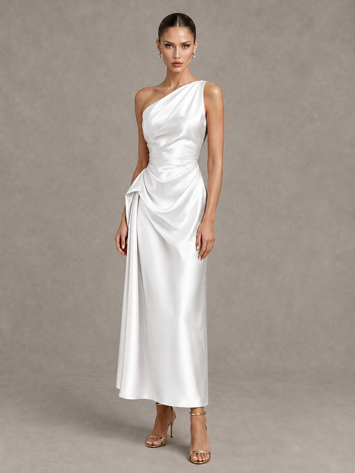 BOLODOO White One Shoulder Satin Cocktail Dress with Draped A-Line Skirt - White - White_4