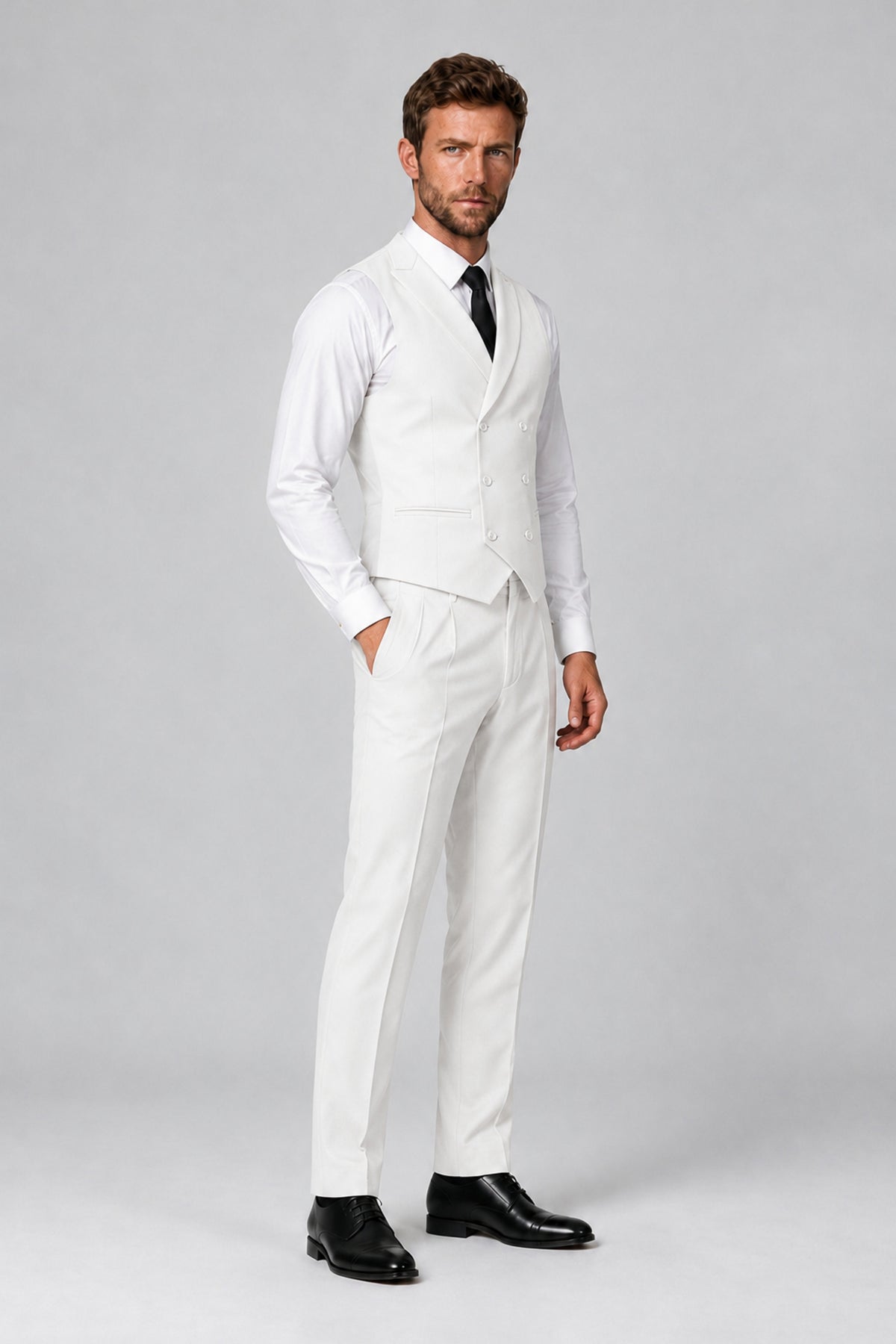 Bolodoo Men's White Double-Breasted Vest and Pants 2-Piece Suit - White - White_4