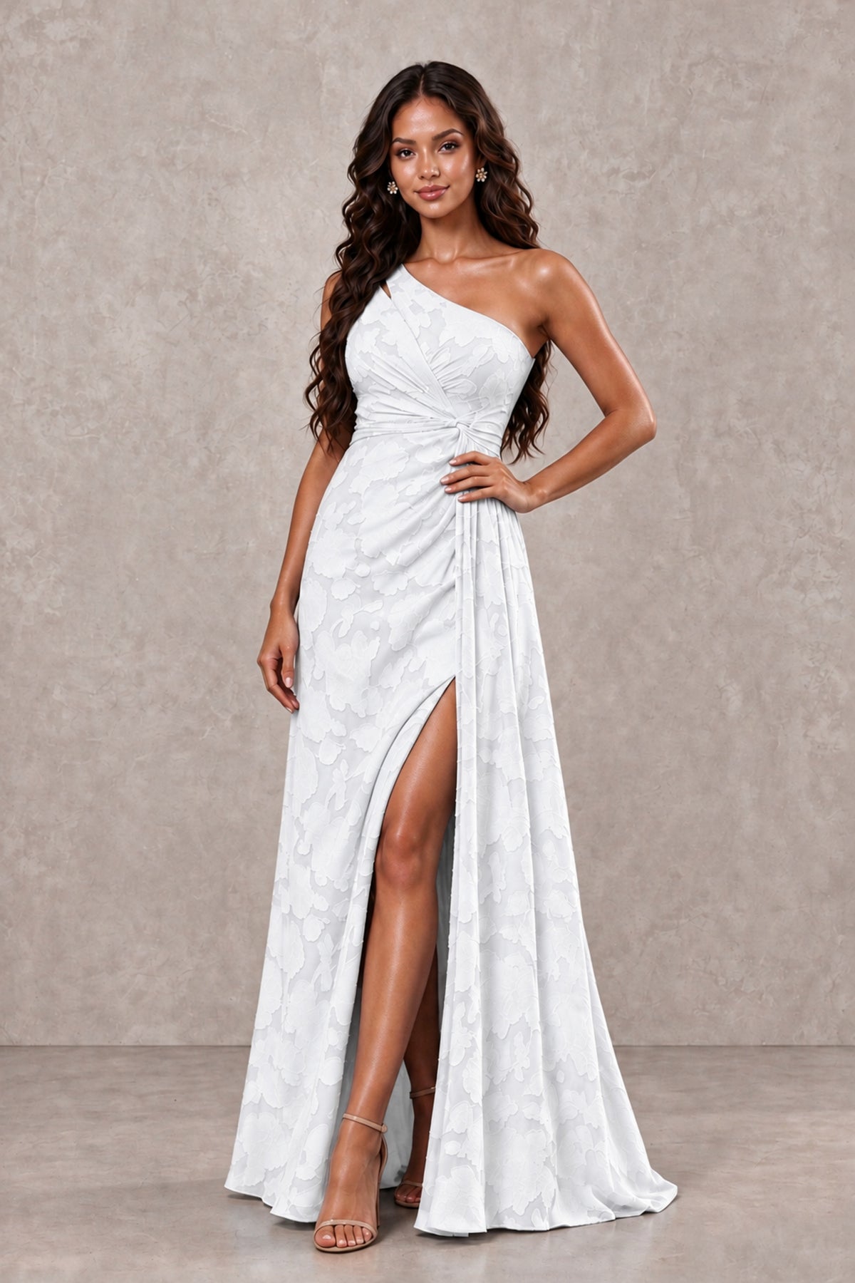 BOLODOO White One-Shoulder Floral Textured Maxi Dress with High Slit - White - White_4
