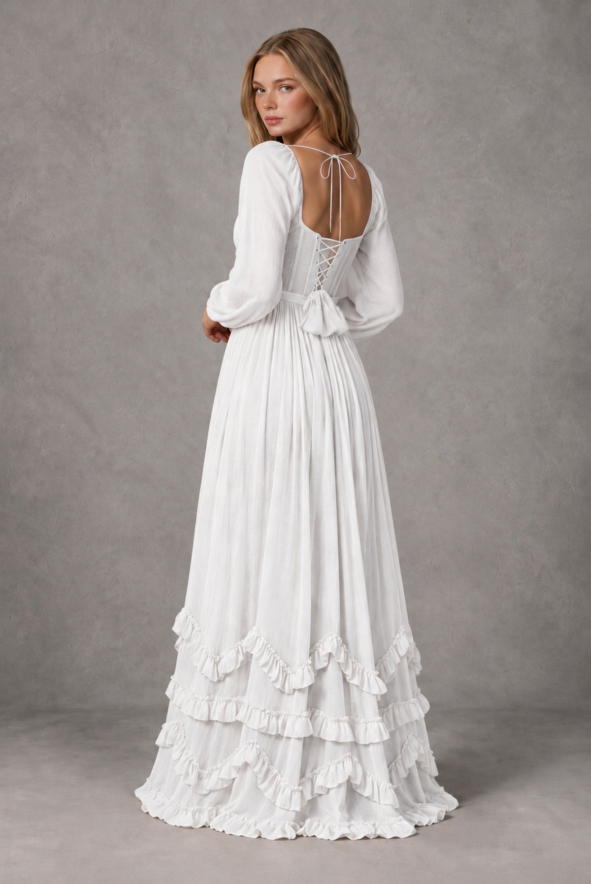 White Long-Sleeve Ruffle Maxi Dress with Lace-Up Back and Slit - White