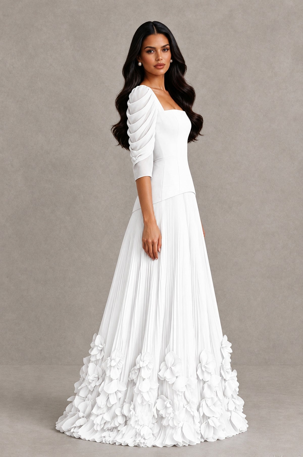 BOLODOO White Square Neck Pleated Floral Applique Evening Dress - White - White_4