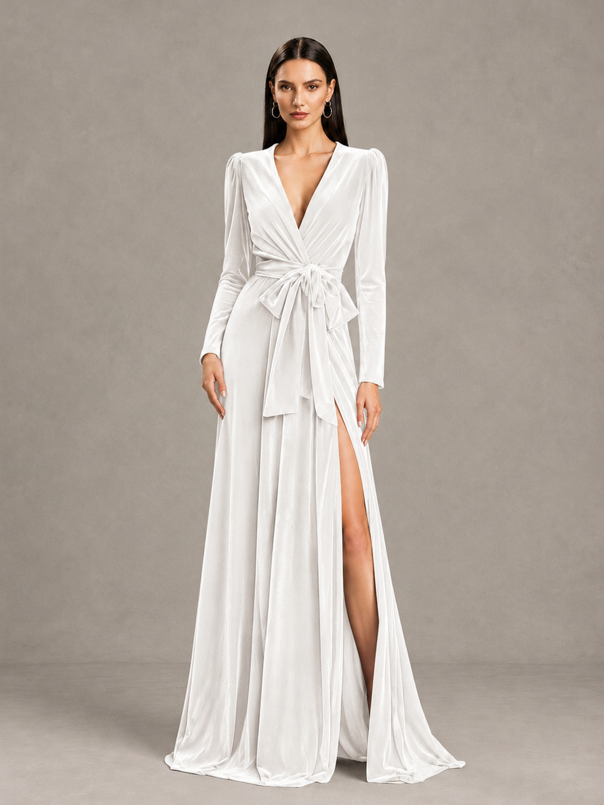 BOLODOO White Long Sleeve Velvet-Look Evening Dress with High Slit - White - White_4