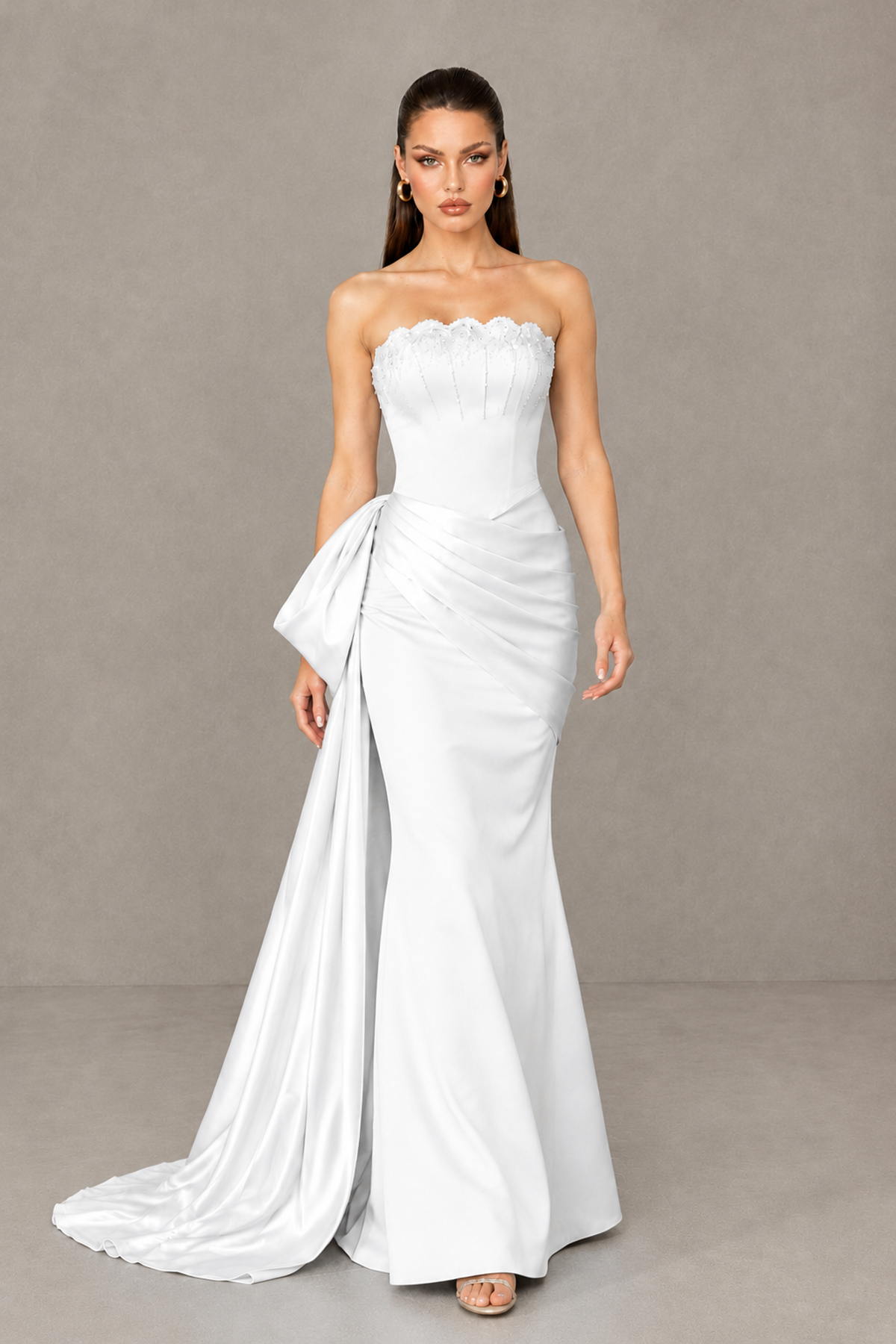 BOLODOO White Strapless Satin Prom Dress with Draped Side Train - White - White_4