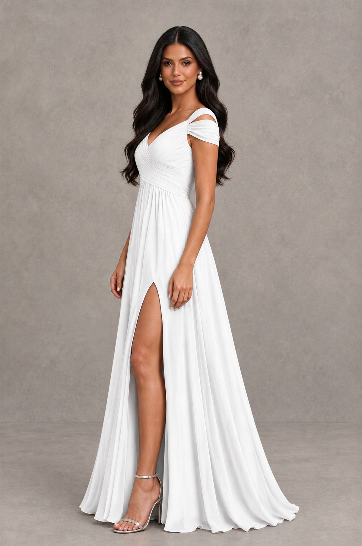 BOLODOO White Cold Shoulder Chiffon Evening Dress with V Neck and High Slit - White - White_4