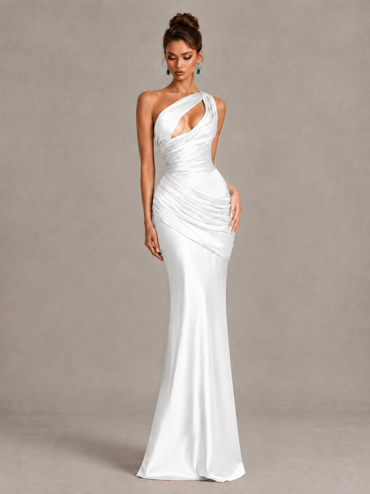 BOLODOO White One-Shoulder Cutout Satin Mermaid Prom Dress - White - White_4