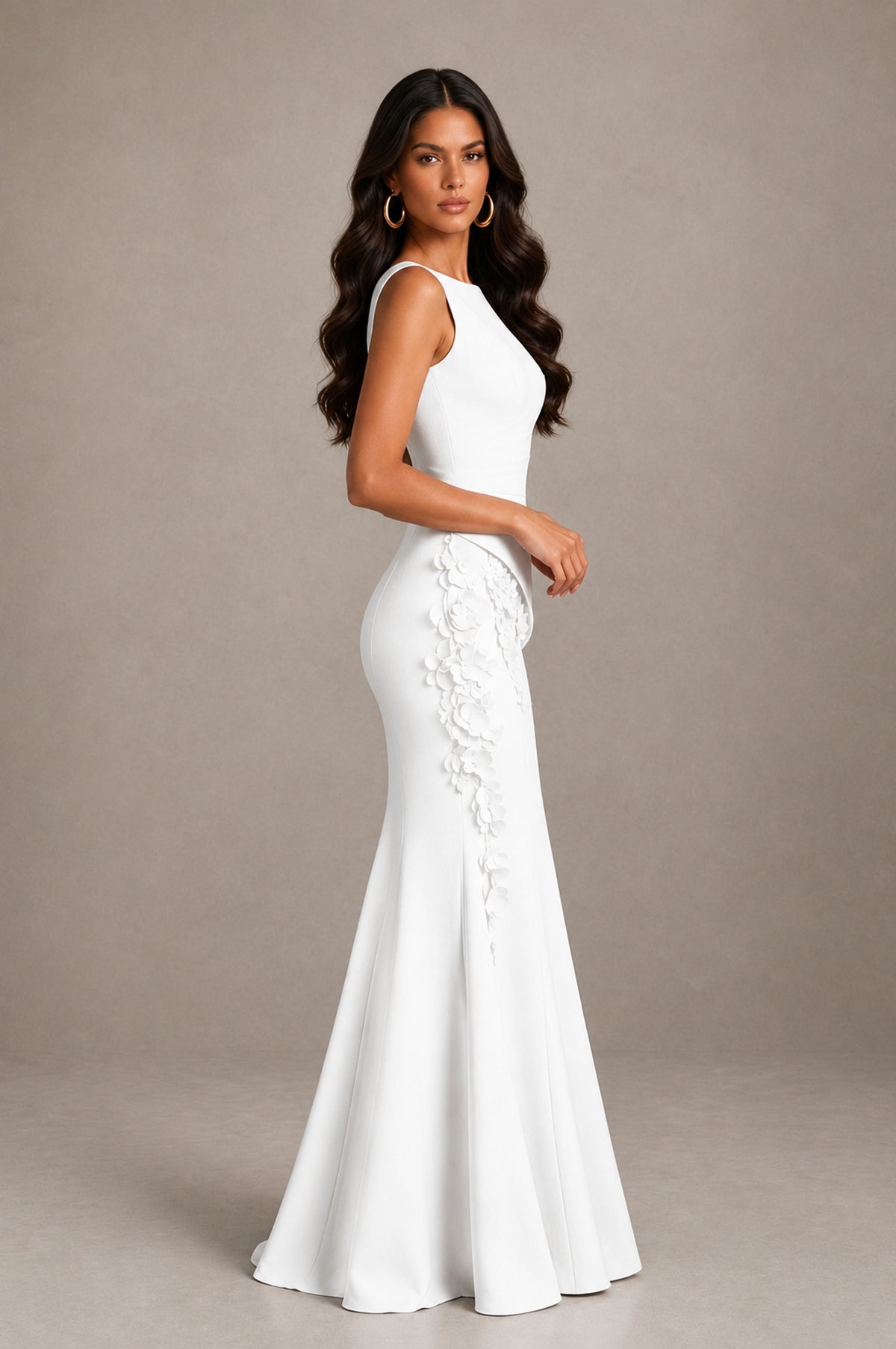 BOLODOO White Bateau Neck Sleeveless Asymmetric Peplum 3D Petal Appliqué Mermaid Gown BD0421 - White - White_4