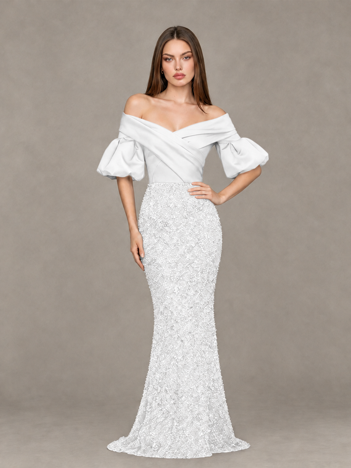 BOLODOO White Off-Shoulder Puff Sleeve Sequin Mermaid Evening Dress - White - White_4