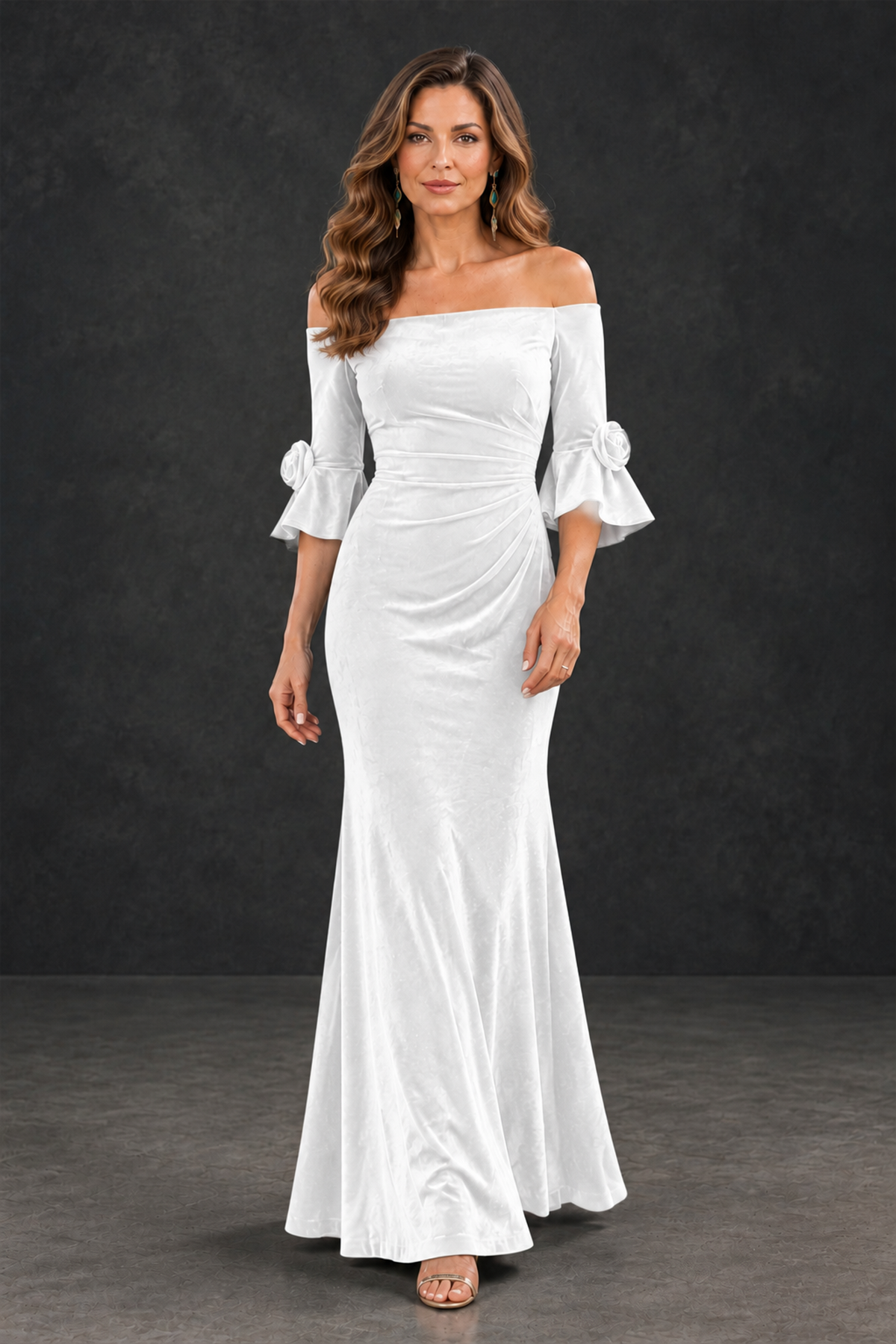 BOLODOO White Velvet Mother of the Bride Dress with Rosette Sleeves - White - White_4