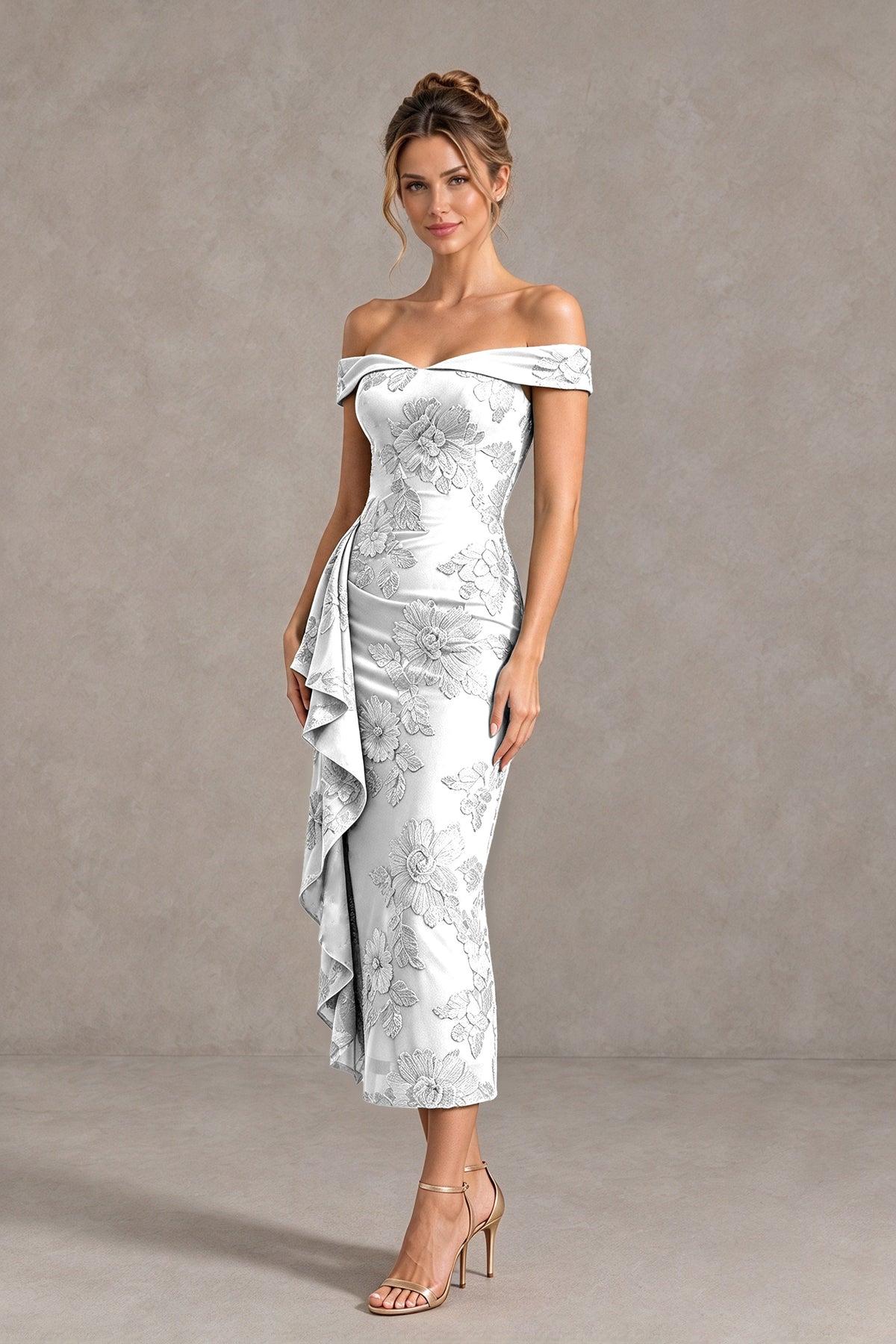 BOLODOO White Off Shoulder Floral Jacquard Midi Dress - White - White(4)