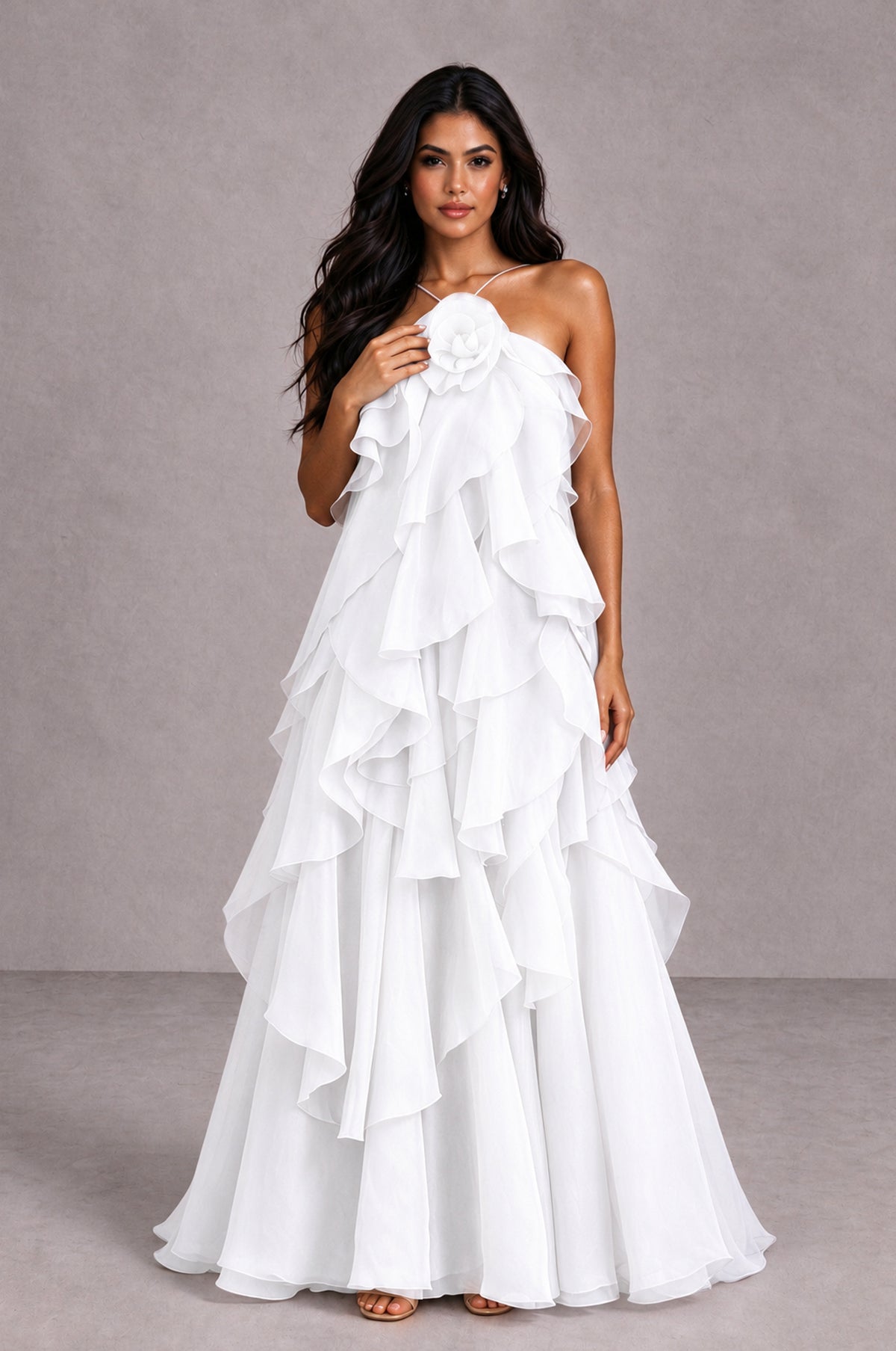 BOLODOO White Cascading Ruffle Rosette Open-Back Maxi Dress - White - White_4