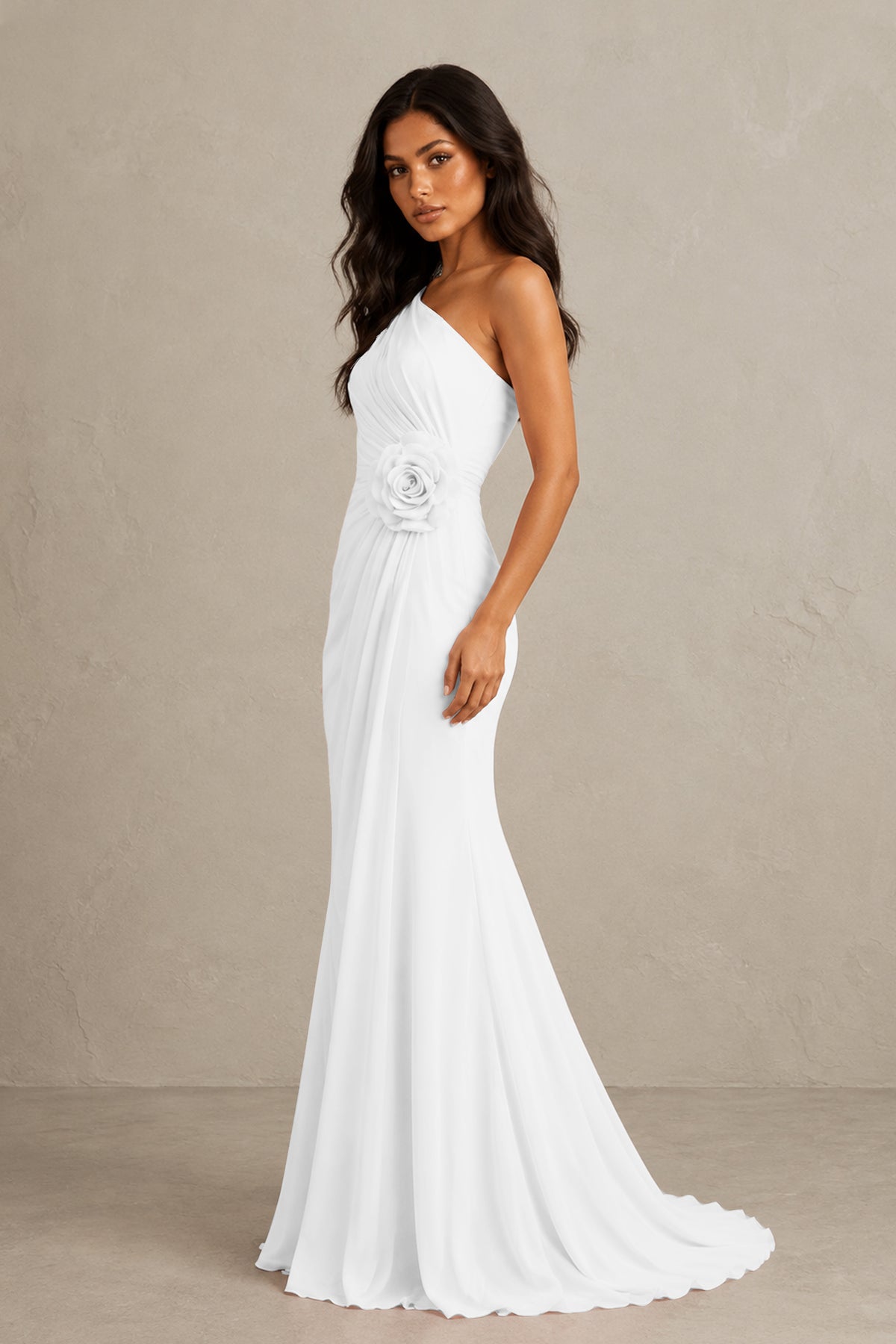BOLODOO White One-Shoulder Floral Ruched Maxi Dress - White