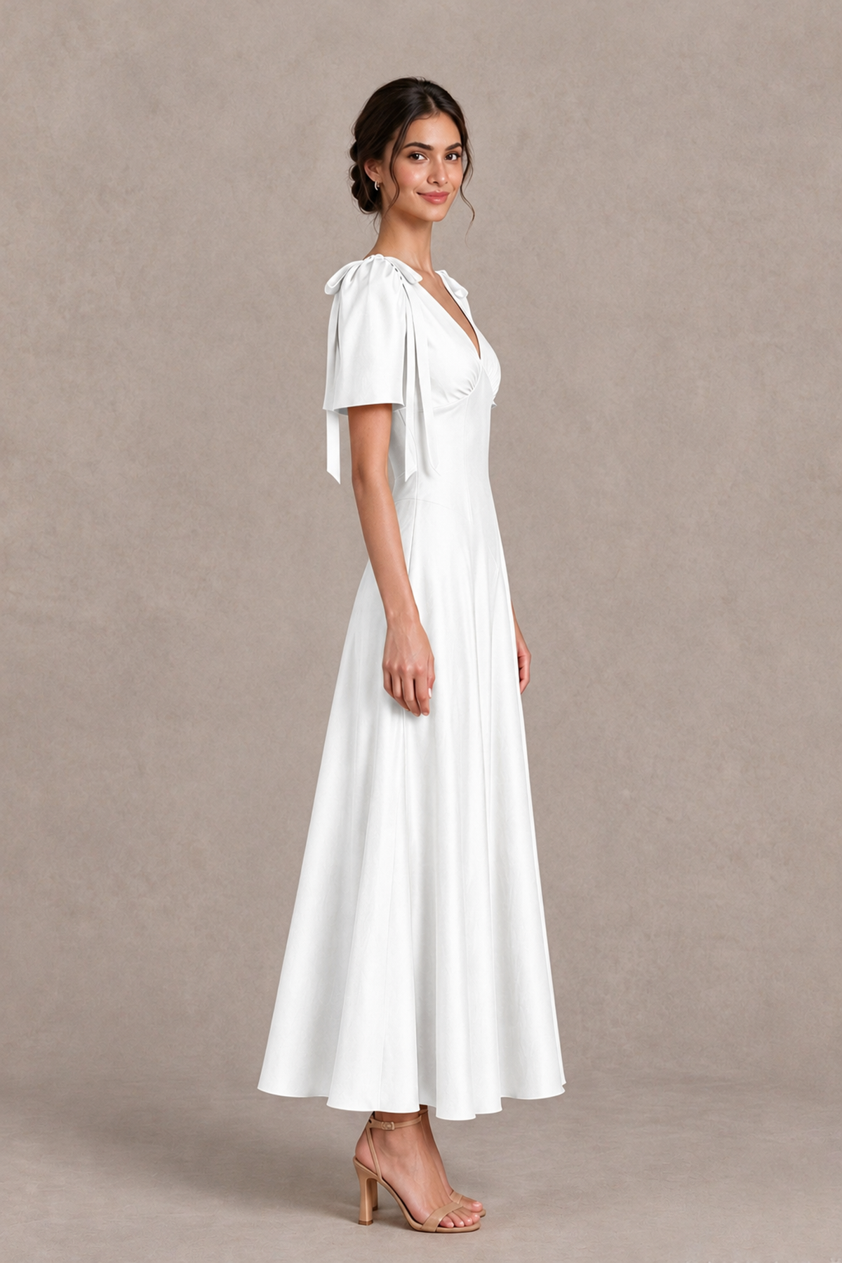 BOLODOO White V-Neck Short Sleeve Satin-Look Bridesmaid Dress with Shoulder Bows - White - White_4