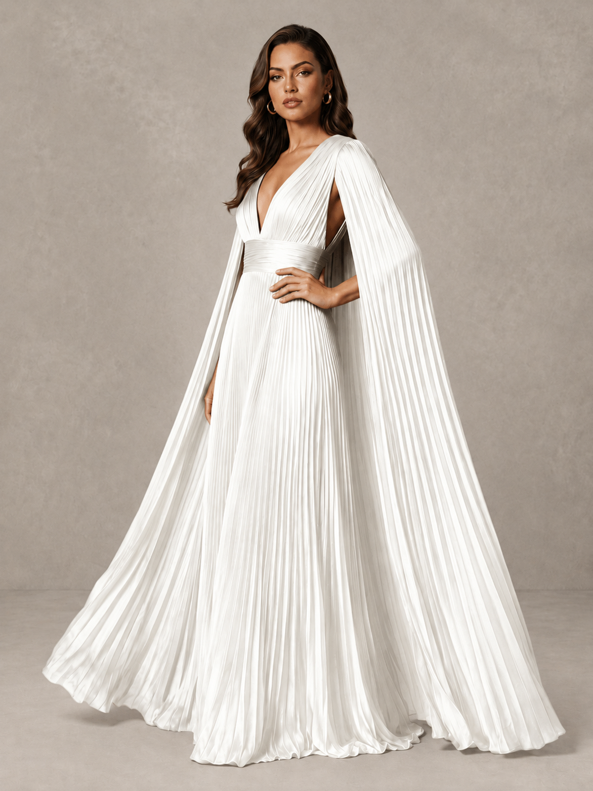 BOLODOO White Deep V-Neck Pleated Cape Sleeve Evening Gown - White - White_4