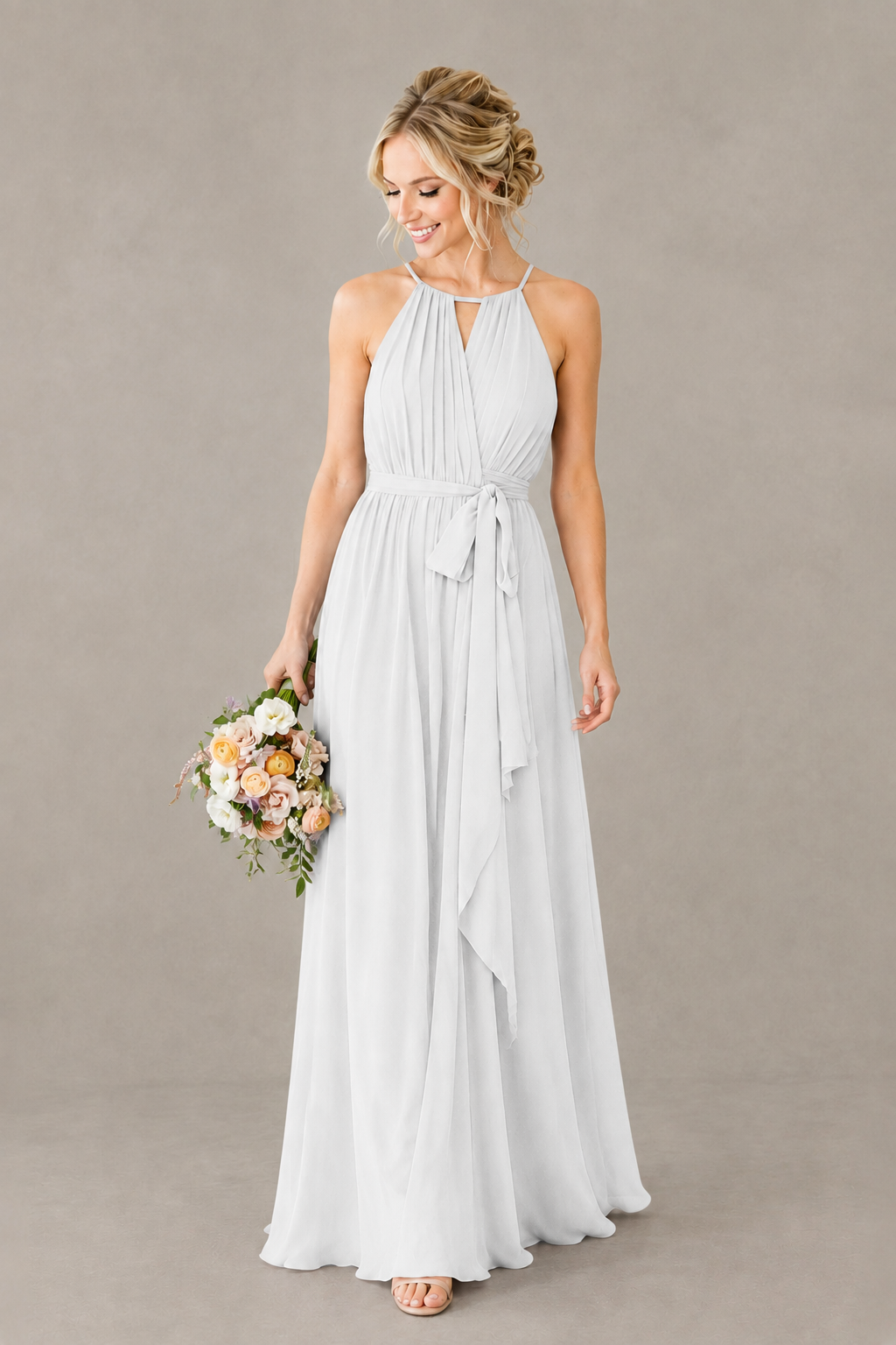 BOLODOO White Halter Chiffon Bridesmaid Dress with High Slit - White