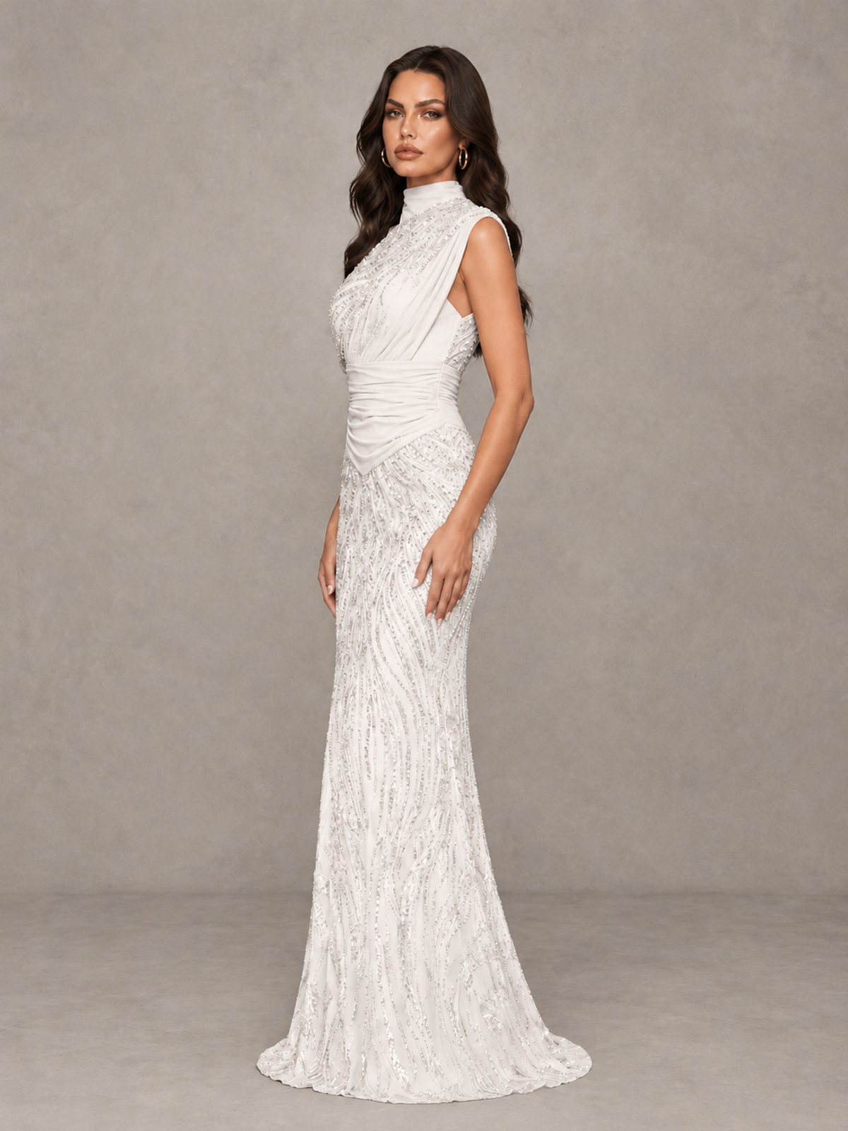BOLODOO White High Neck Draped Sequin Mermaid Evening Gown - White - White_4