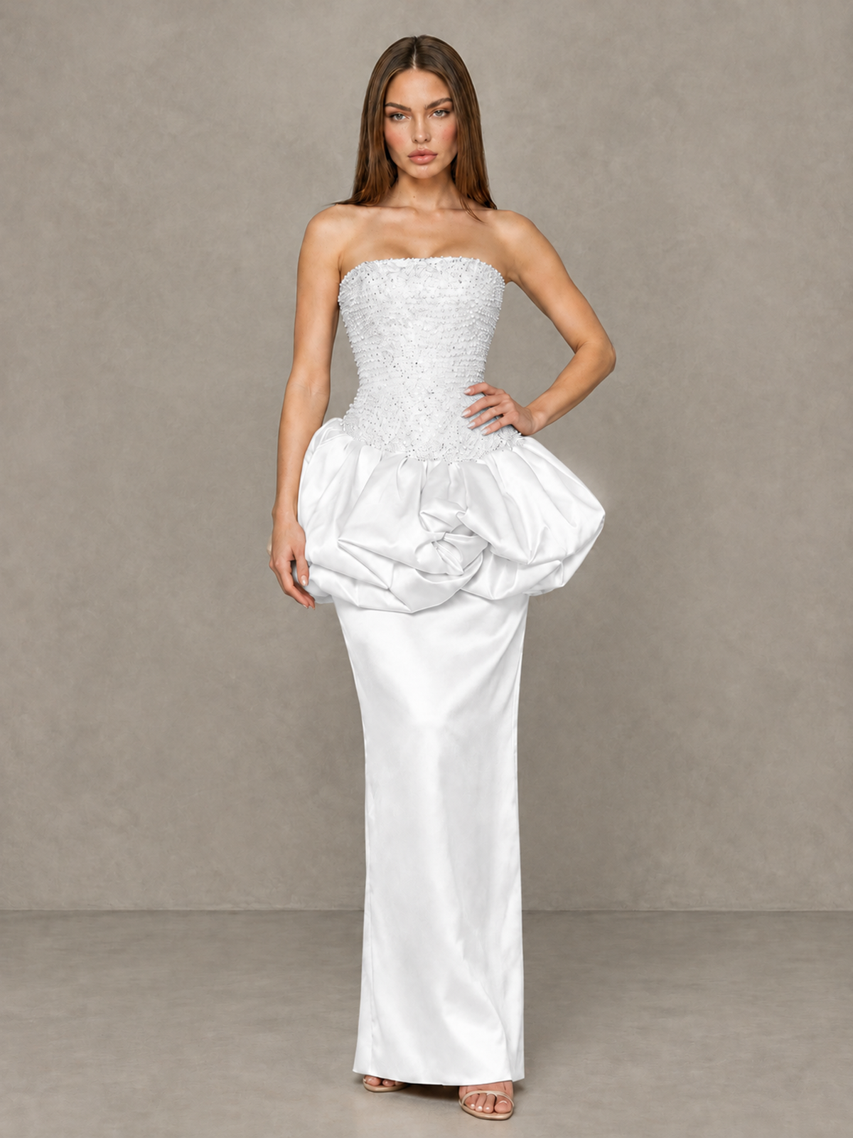 BOLODOO White Strapless Embellished Bubble Peplum Evening Dress - White - White_4