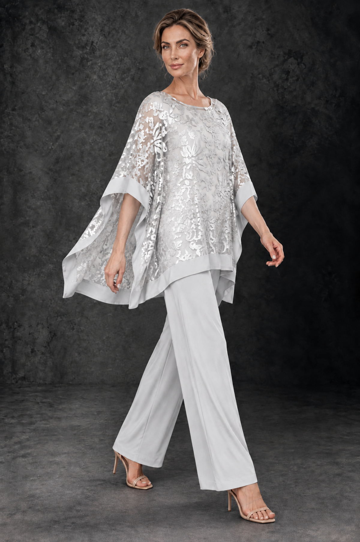 BOLODOO White Floral Cape Mother of the Bride Pant Suit - White - White_4