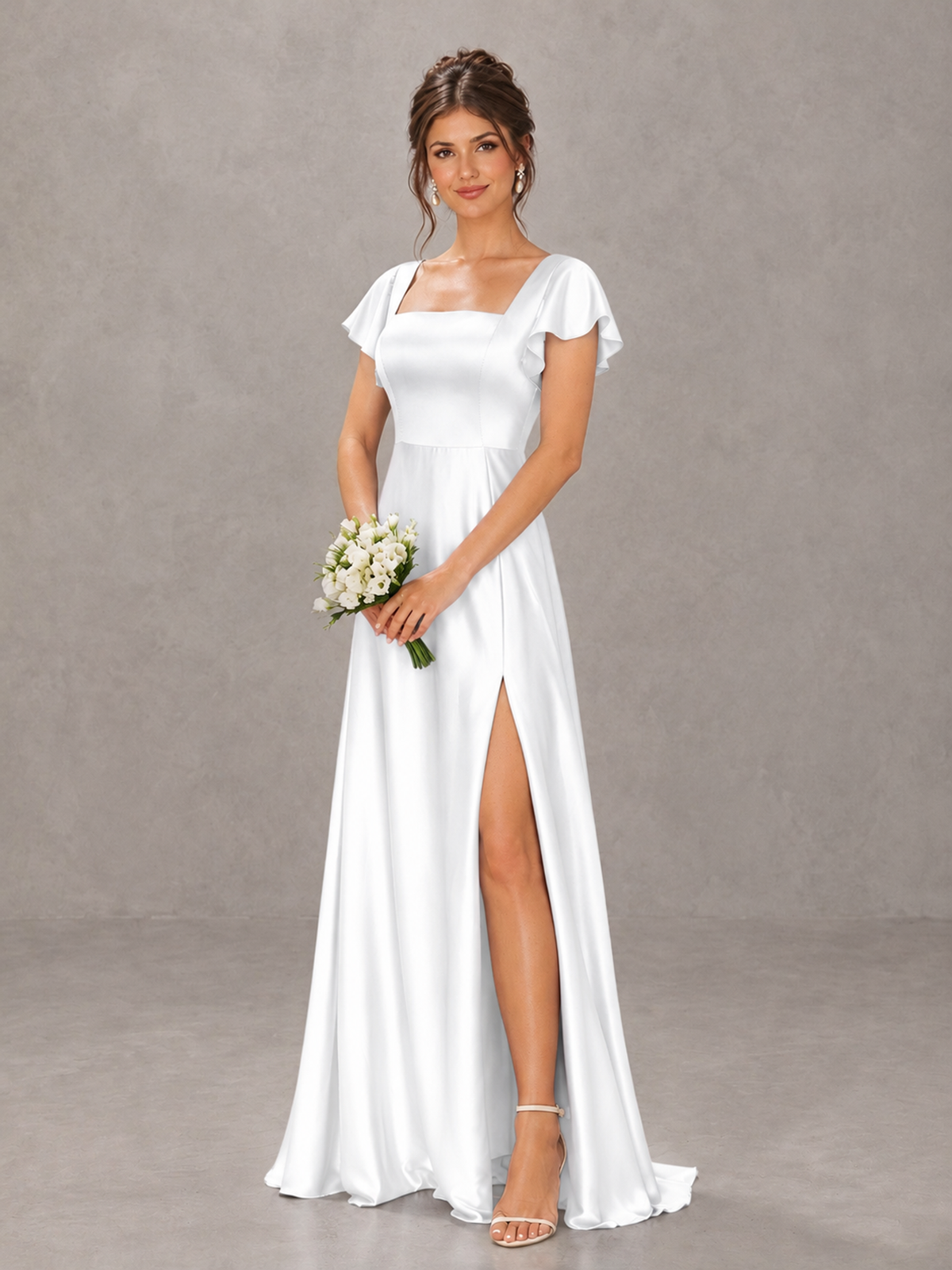 BOLODOO White Satin Square Neck Flutter Sleeve A-Line Bridesmaid Dress with Slit - White - White_4