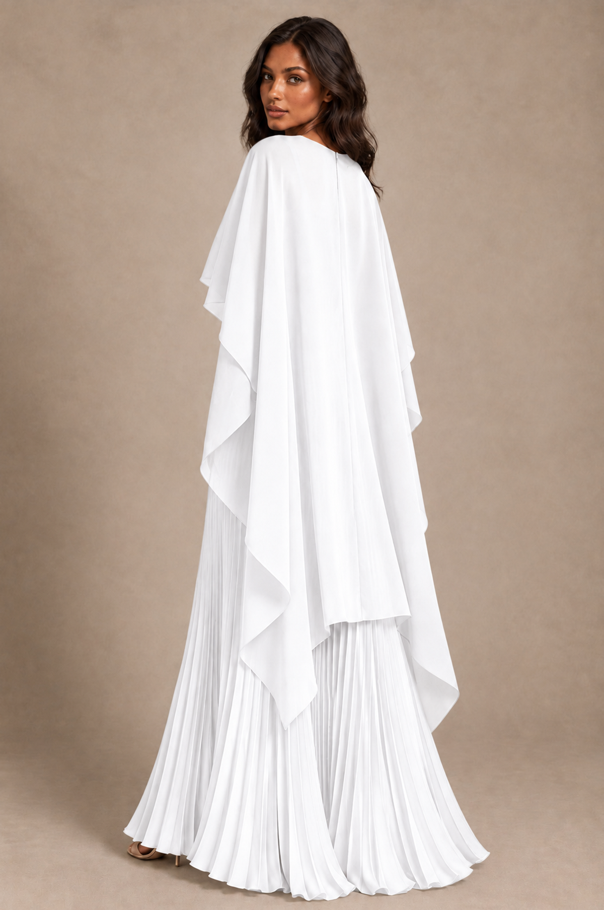 BOLODOO White Pleated Cape A-Line Evening Dress - White - White_4