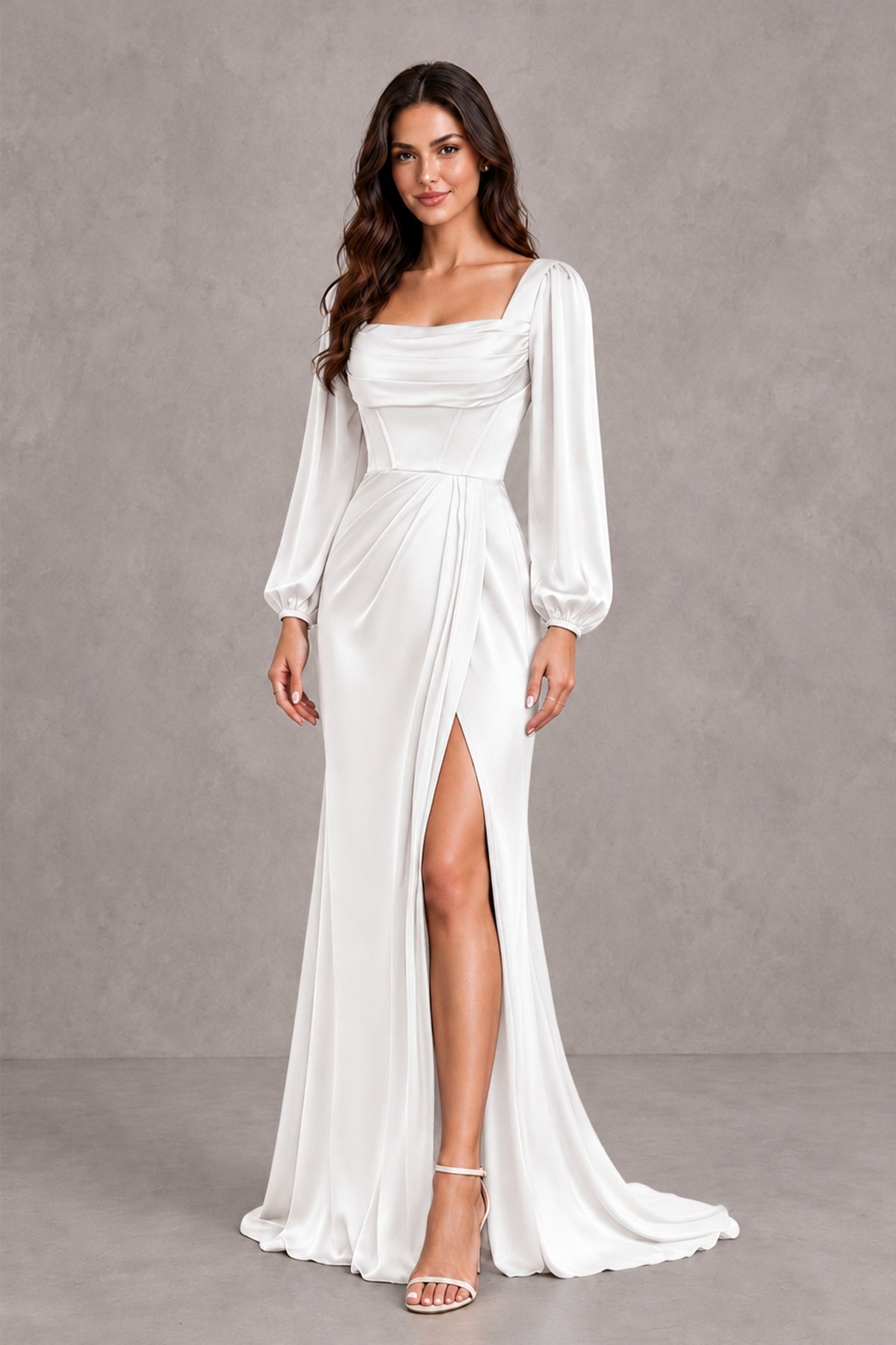 BOLODOO White Satin-Look Long Sleeve Evening Dress with High Slit - White - White_4