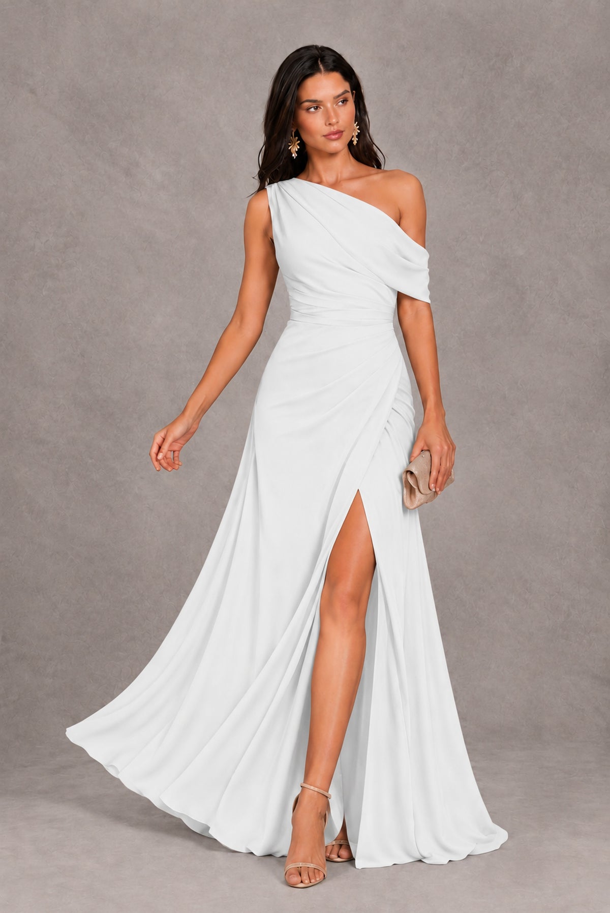 White One-Shoulder Floor-Length Evening Gown with High Slit - White
