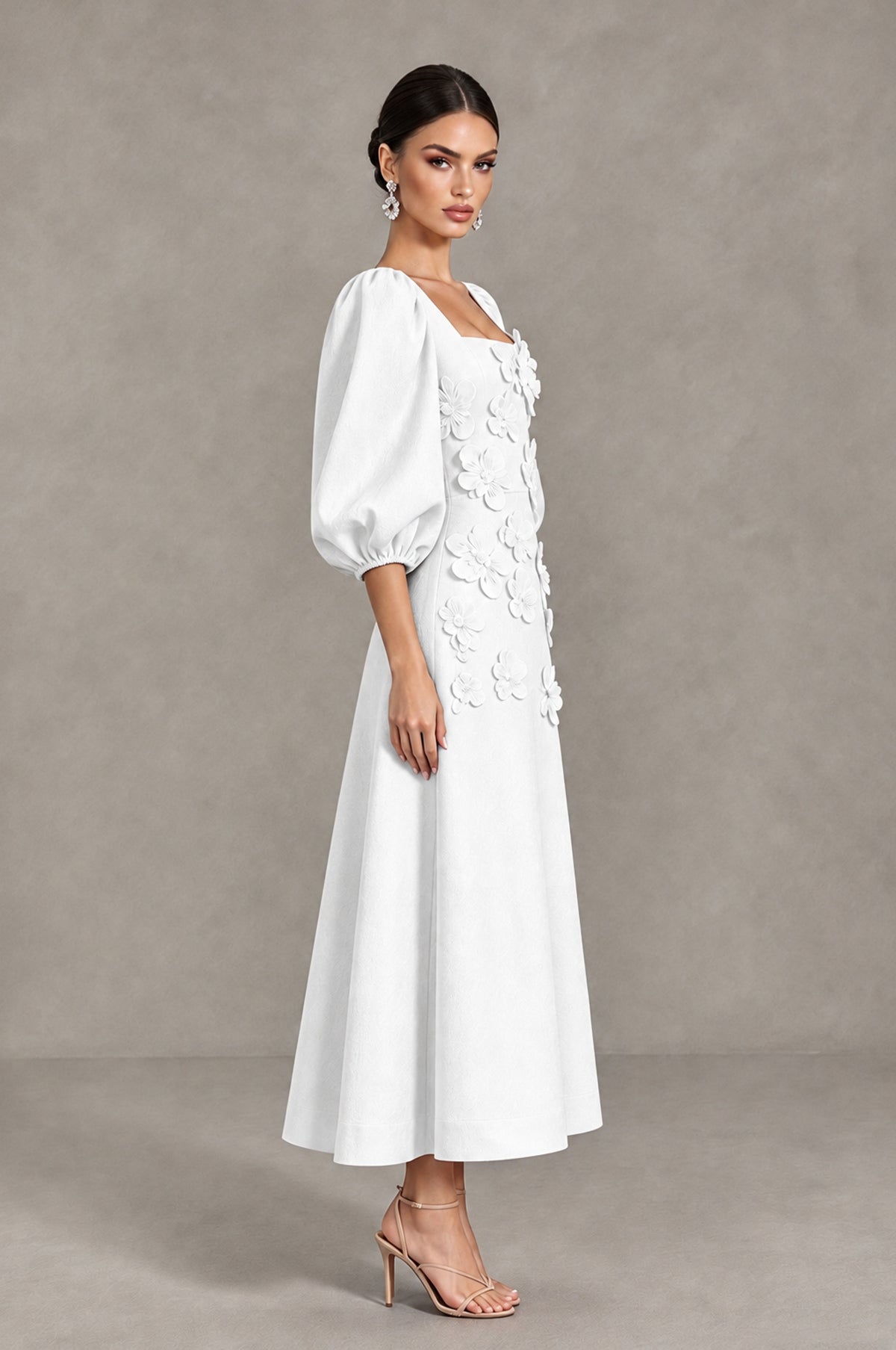 BOLODOO White 3D Floral Puff Sleeve Midi Cocktail Dress - White - White_4