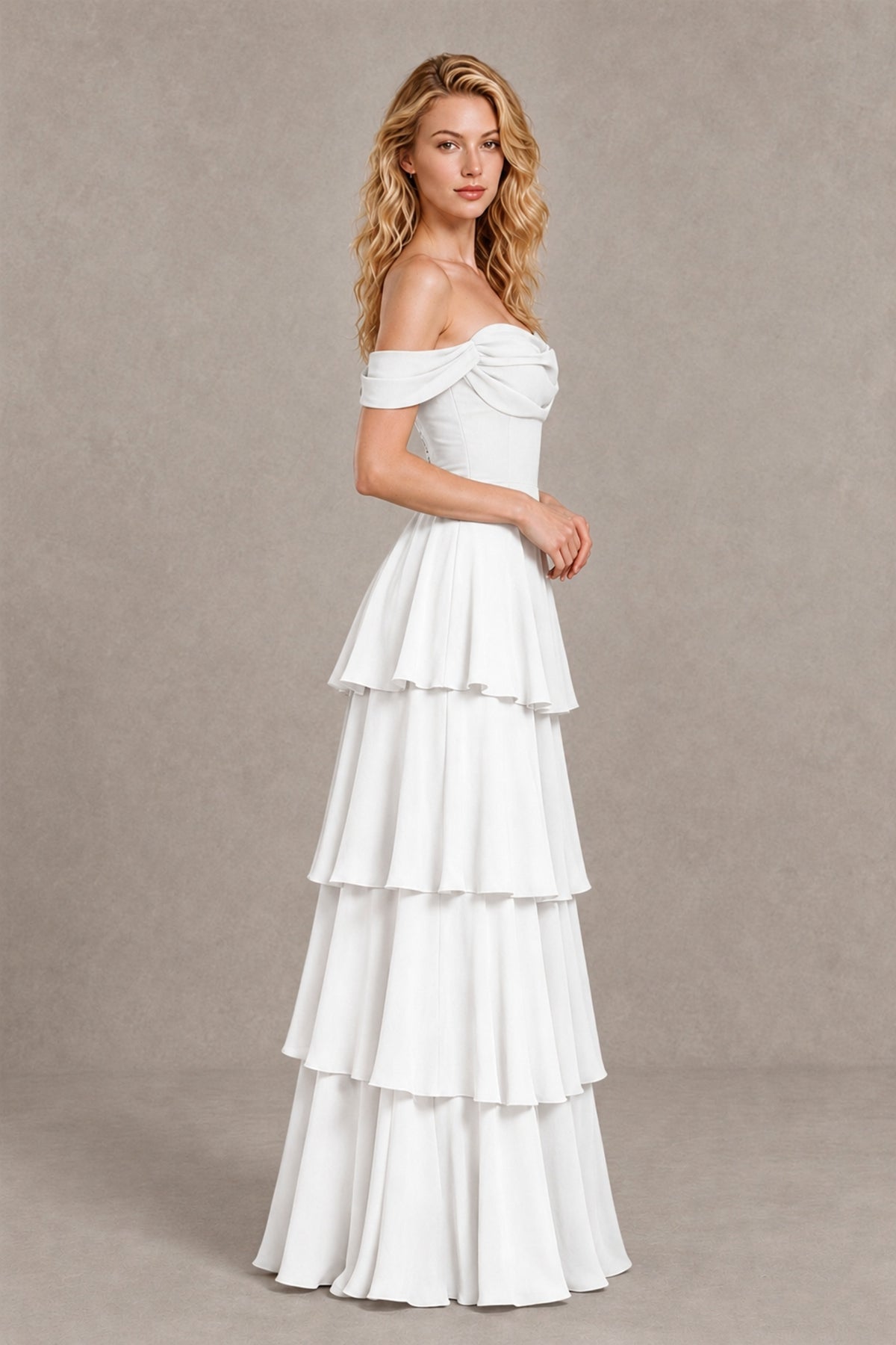 BOLODOO White Off-the-Shoulder Tiered A-Line Evening Bridesmaid Dress - White - White_4