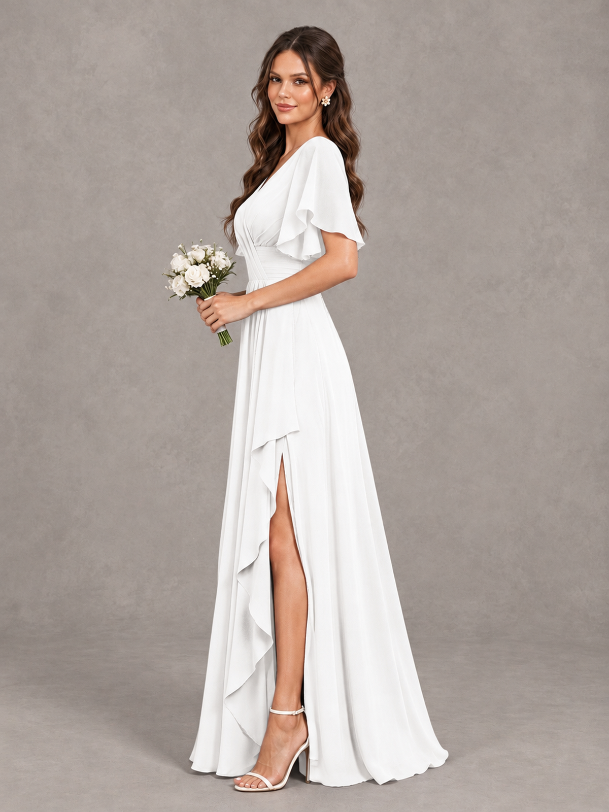 BOLODOO White Flutter Sleeve V-Neck Bridesmaid Dress with Ruffle Slit - White - White_4