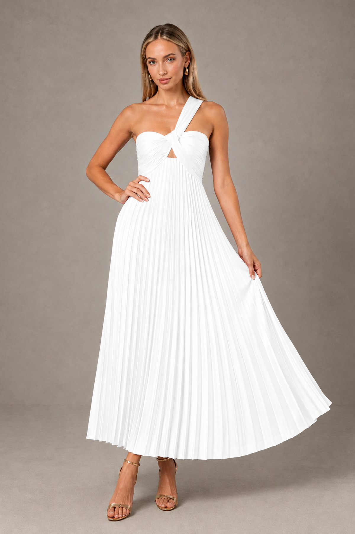 BOLODOO White One-Shoulder Twist Knot Pleated Satin Midi Dress with Cutout - White - White_4