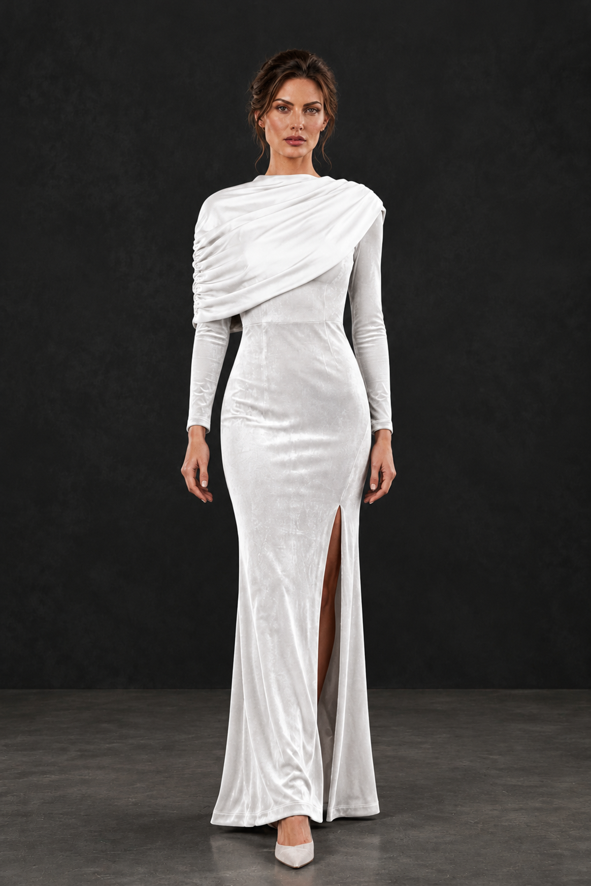 BOLODOO White Velvet Long Sleeve Draped Mother of the Bride Dress - White - White_4