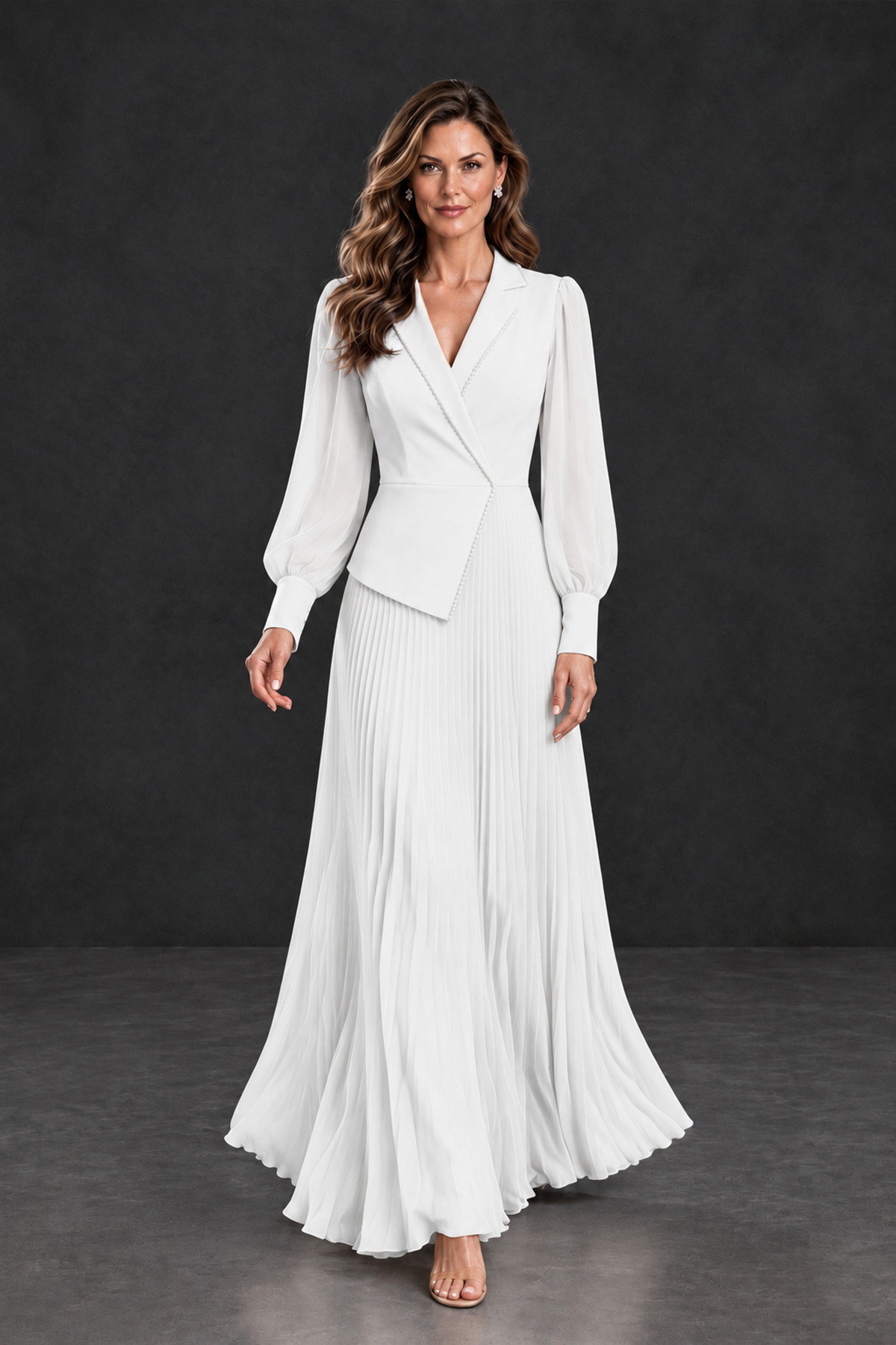 BOLODOO White Long Sleeve Pleated Mother of the Bride Dress - White - White_4