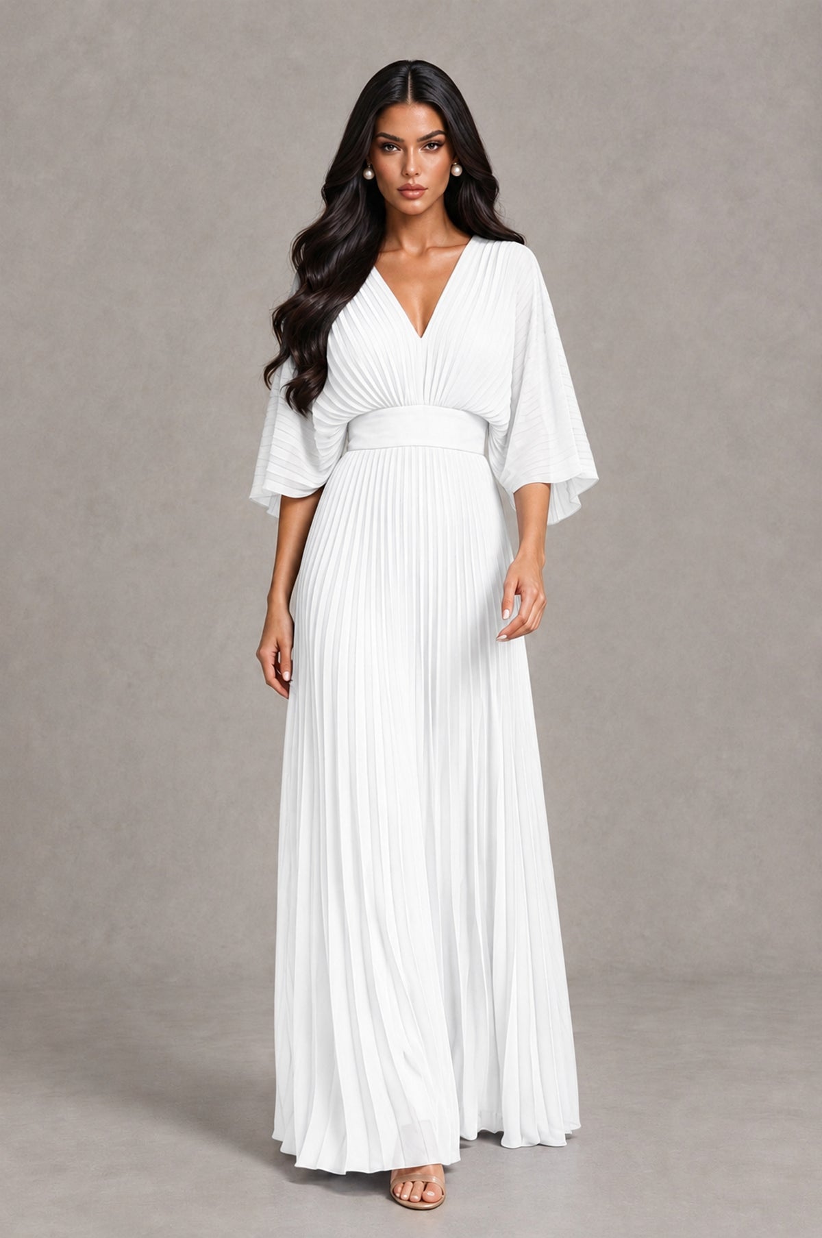 BOLODOO White V-Neck Pleated Flutter Sleeve Formal Dress - White - White_4