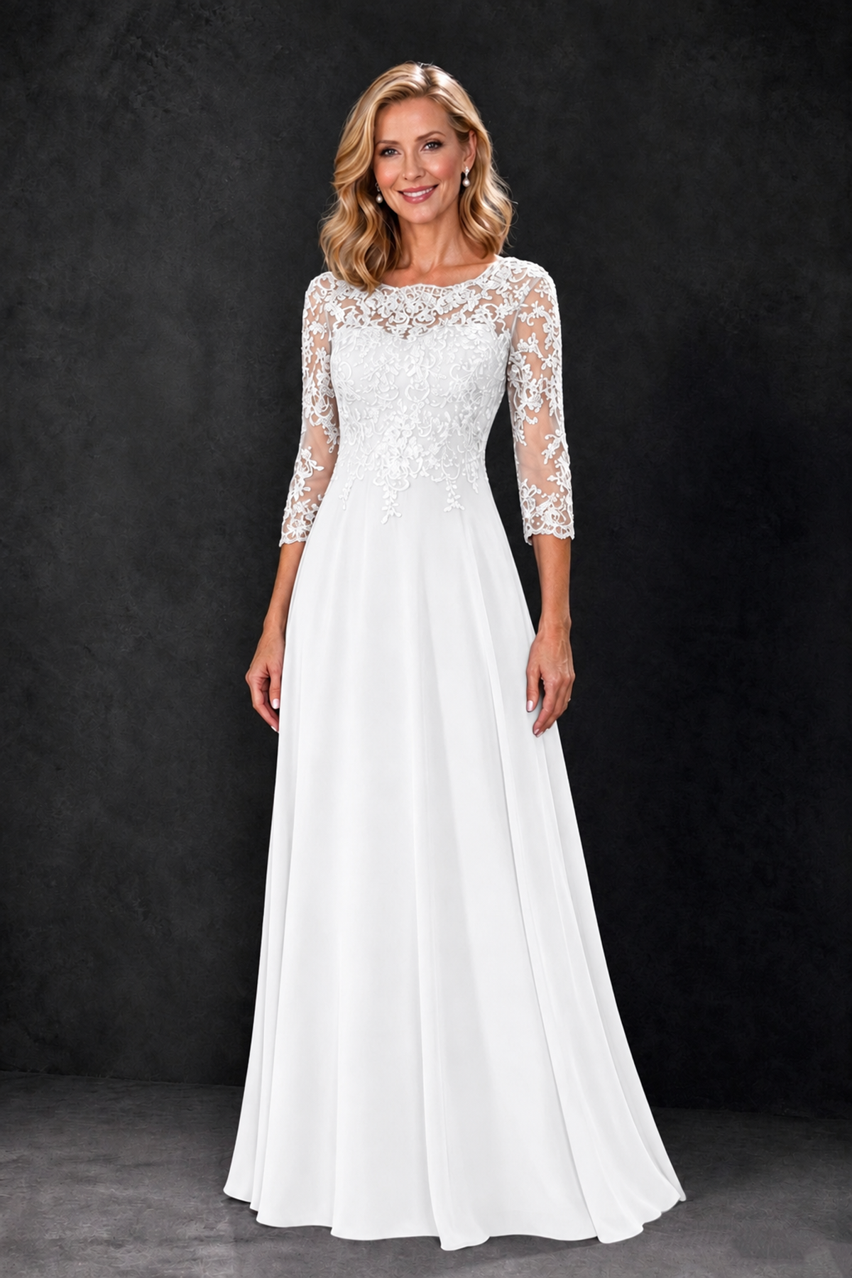BOLODOO White Lace Embroidered Mother of the Bride Dress with 3/4 Sleeves - White - White_4