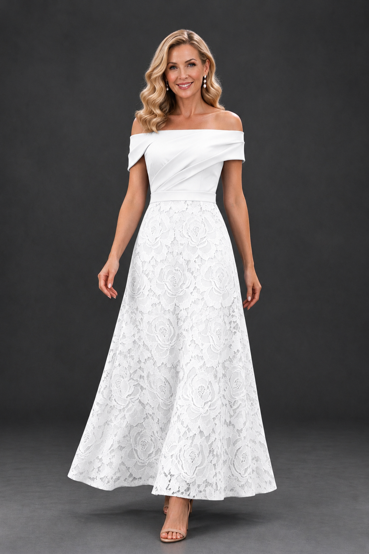 BOLODOO White Off-the-Shoulder Floral A-Line Mother of the Bride Dress - White - White_4