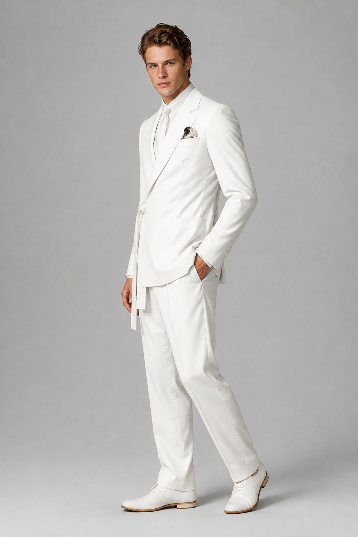 Bolodoo Men's White Wrap Tie-Waist Two-Piece Suit – Jacket & Trousers - White - White_4