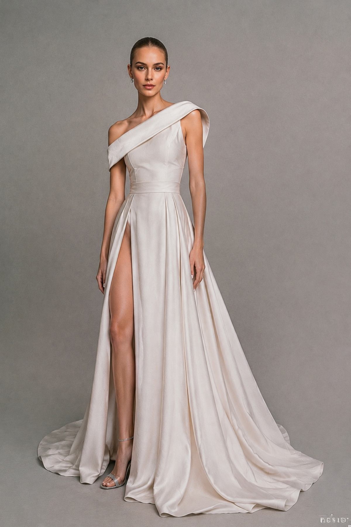 BOLODOO White Asymmetric Satin-Look A-Line Prom Dress with High Slit - White - White_4