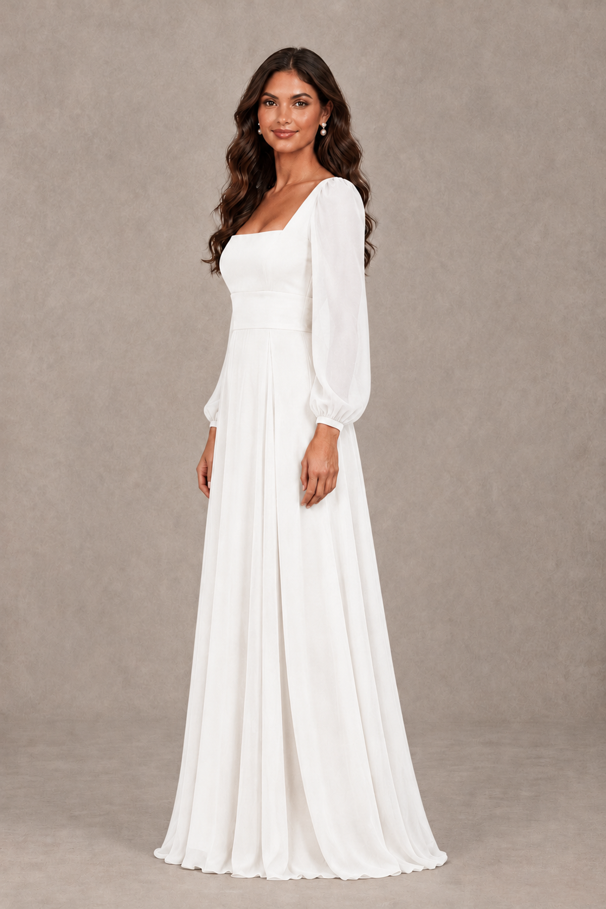 BOLODOO White Square Neck Long Sleeve A-Line Bridesmaid Dress - White - White_4