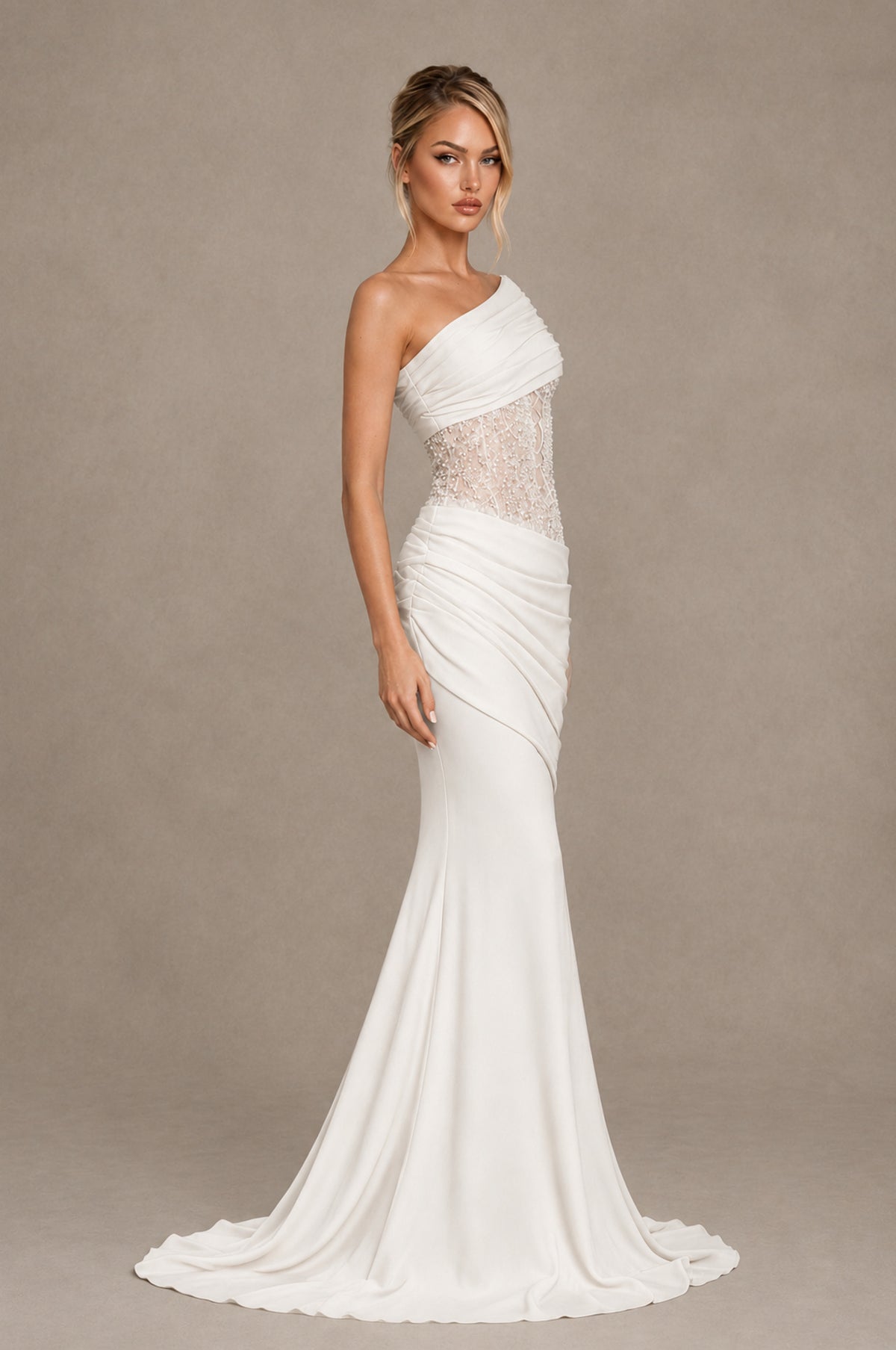 BOLODOO White One-Shoulder Sequin Embroidered Ruched Mermaid Gown with Train - White - White_4