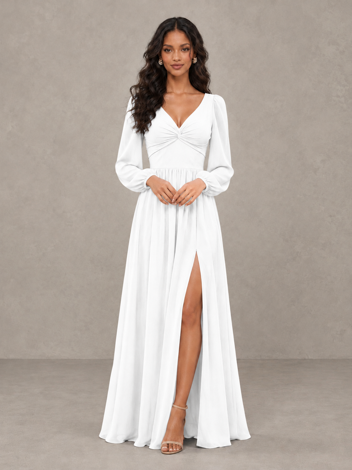 BOLODOO White V-Neck Long Sleeve Bridesmaid Dress with Tie Back and Slit - White - White_5