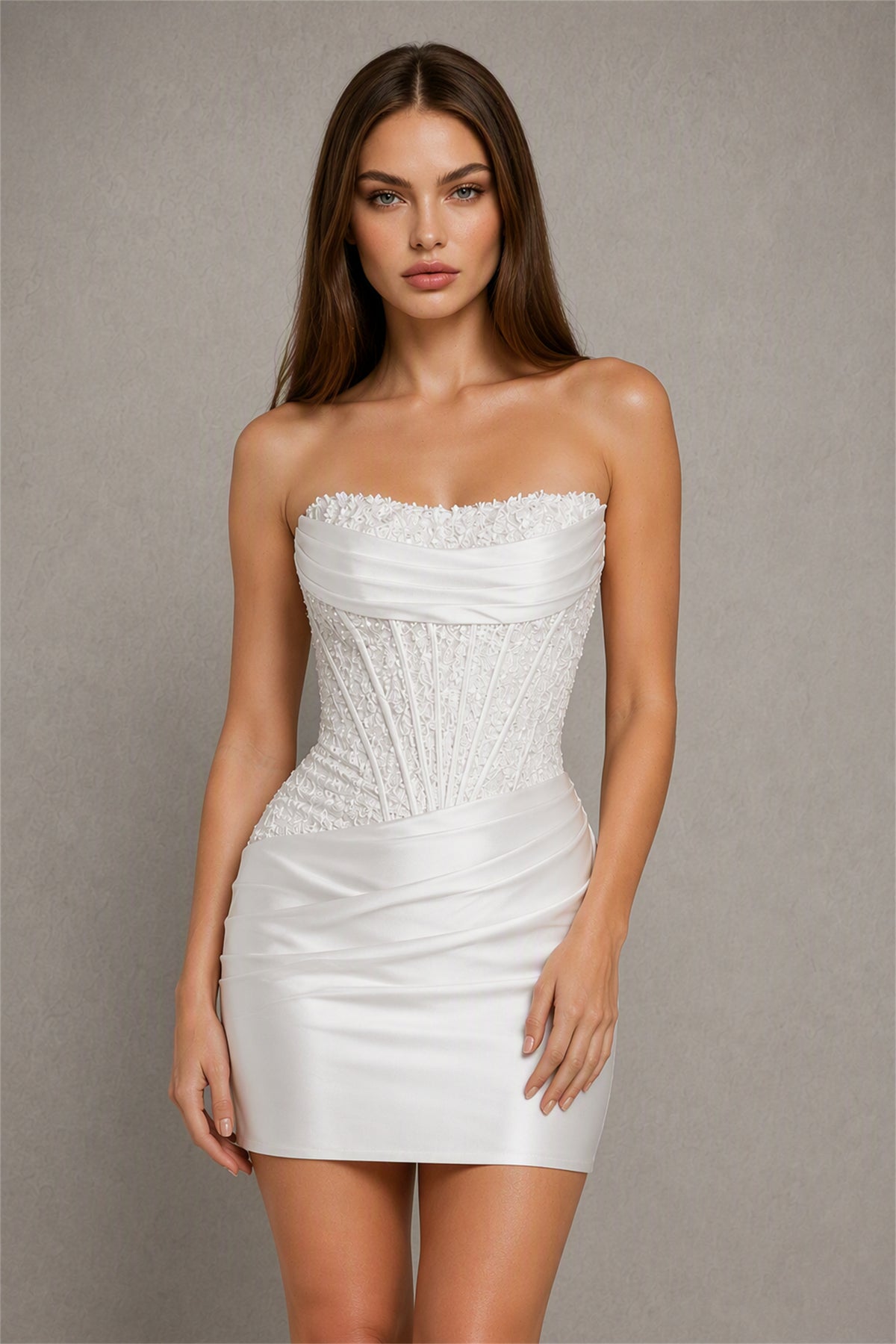 BOLODOO White Satin Lace Sheer Boned Corset Strapless Ruched Bodycon Mini Dress - White