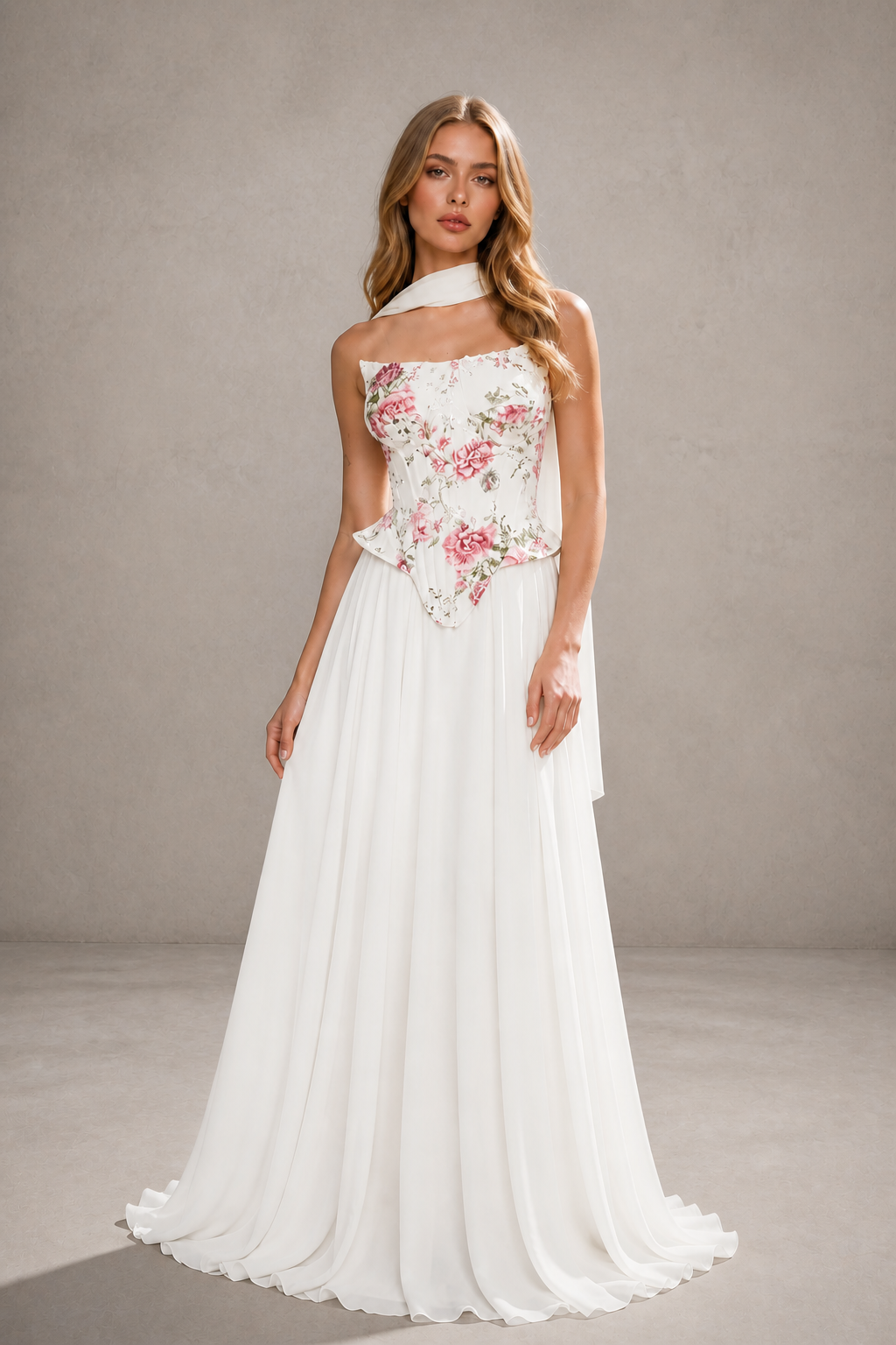 White Floral Embroidered Corset Halter Neck Open Back Chiffon Maxi Gown - White