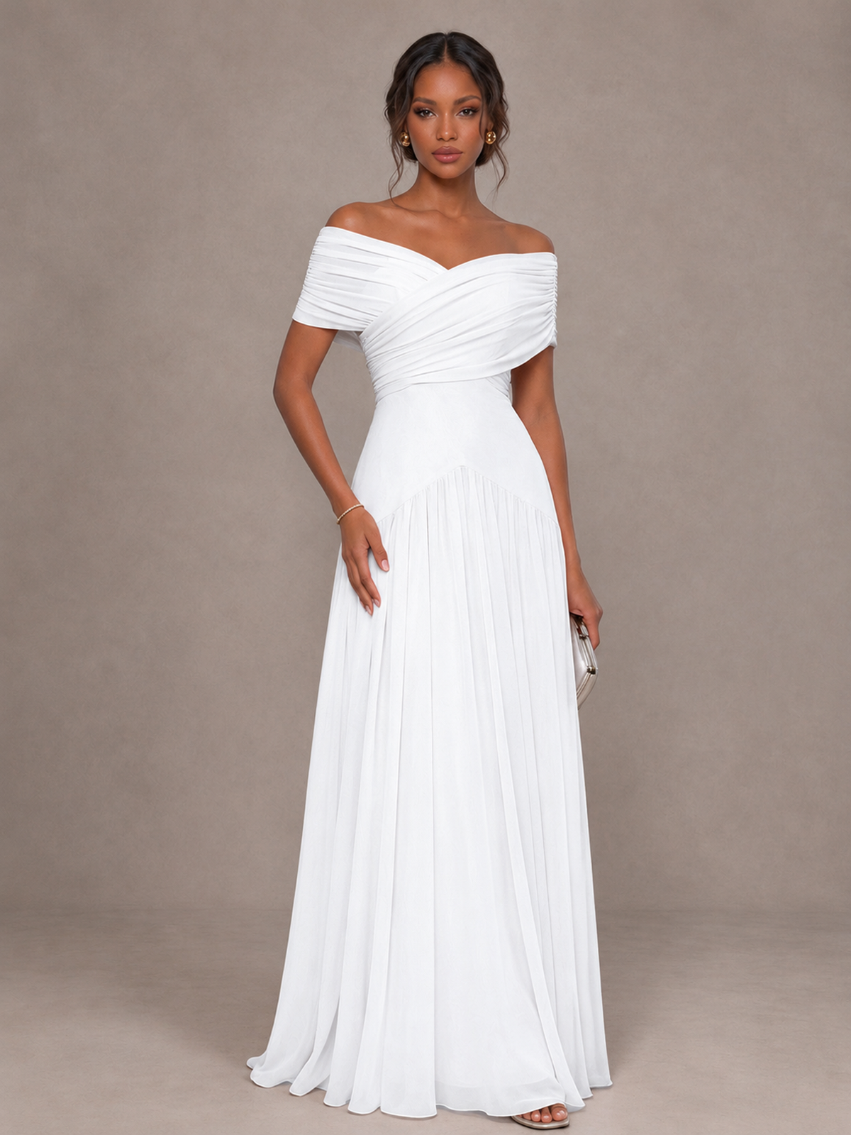 BOLODOO White Off-Shoulder Ruched A-Line Bridesmaid Dress - White - White (1)