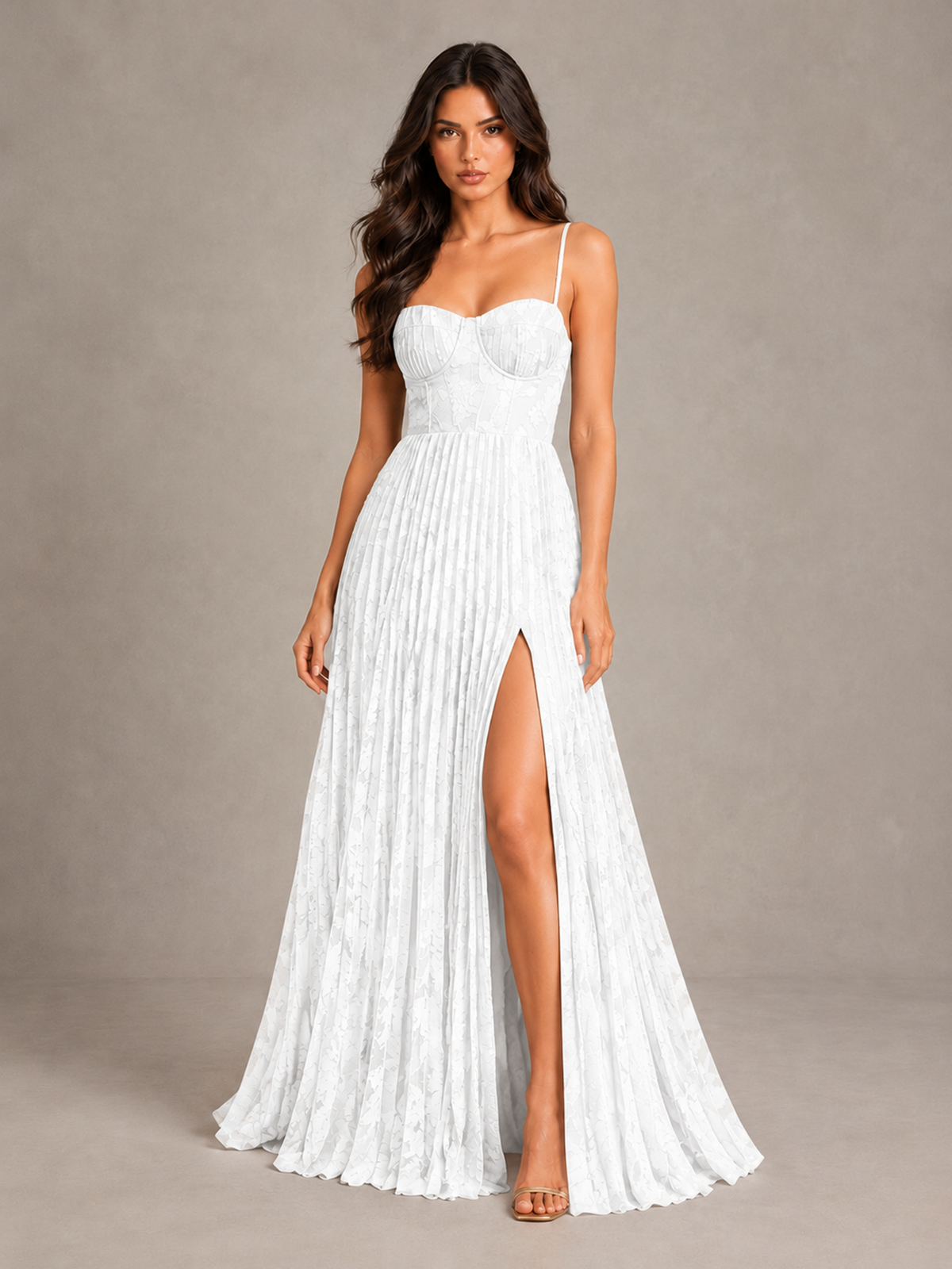 BOLODOO White Pleated Bridesmaid Dress with Sweetheart Neckline & Slit - White - White (1)