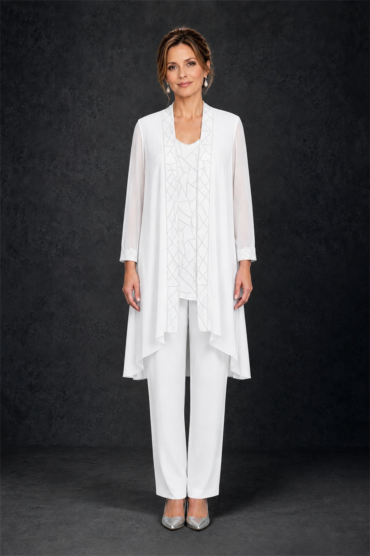 BOLODOO White 3-Piece Beaded Chiffon Duster Jacket Pant Suit - White