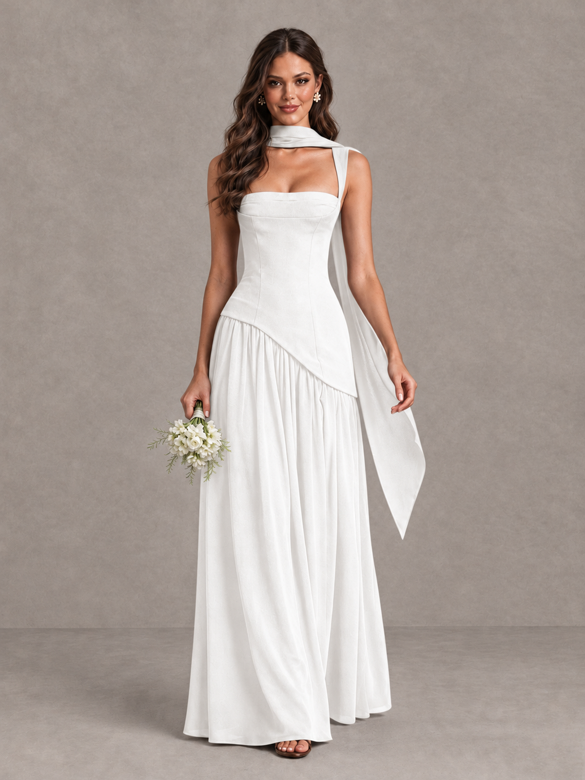 BOLODOO White Brown Scarf Bridesmaid Dress with Lace-Up Back - White - White (1)